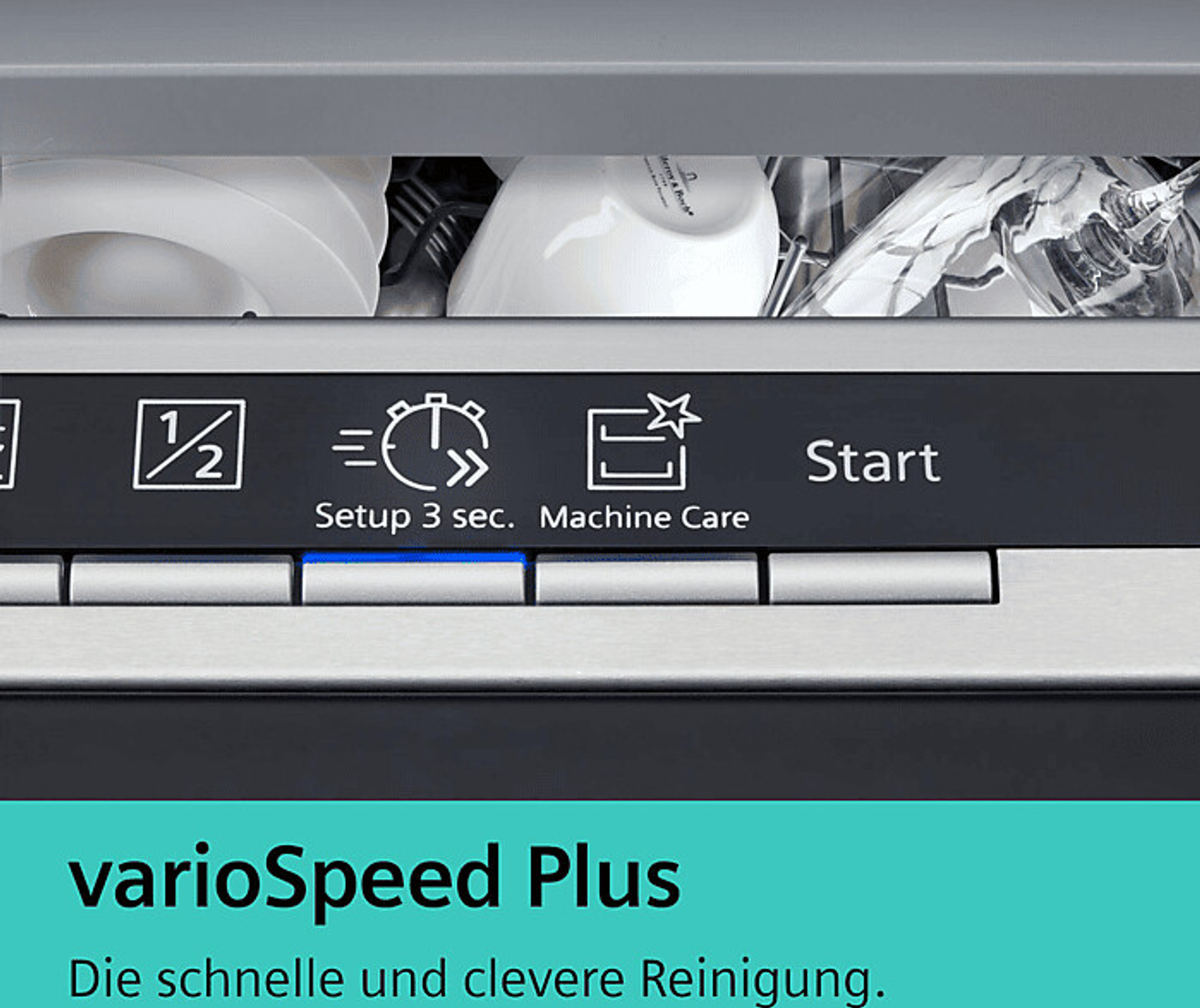 Nahaufnahme eines Geschirrspüler-Bedienfelds mit Tasten mit Symbolen und Text, einschließlich 'Start'.