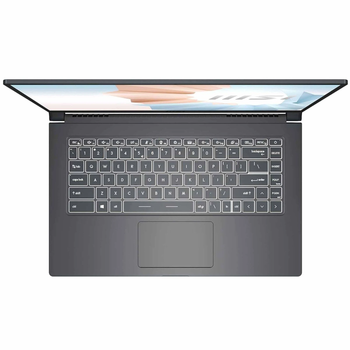 Laptop dall'alto. Aperto, tastiera visibile. Lo schermo mostra arte astratta.