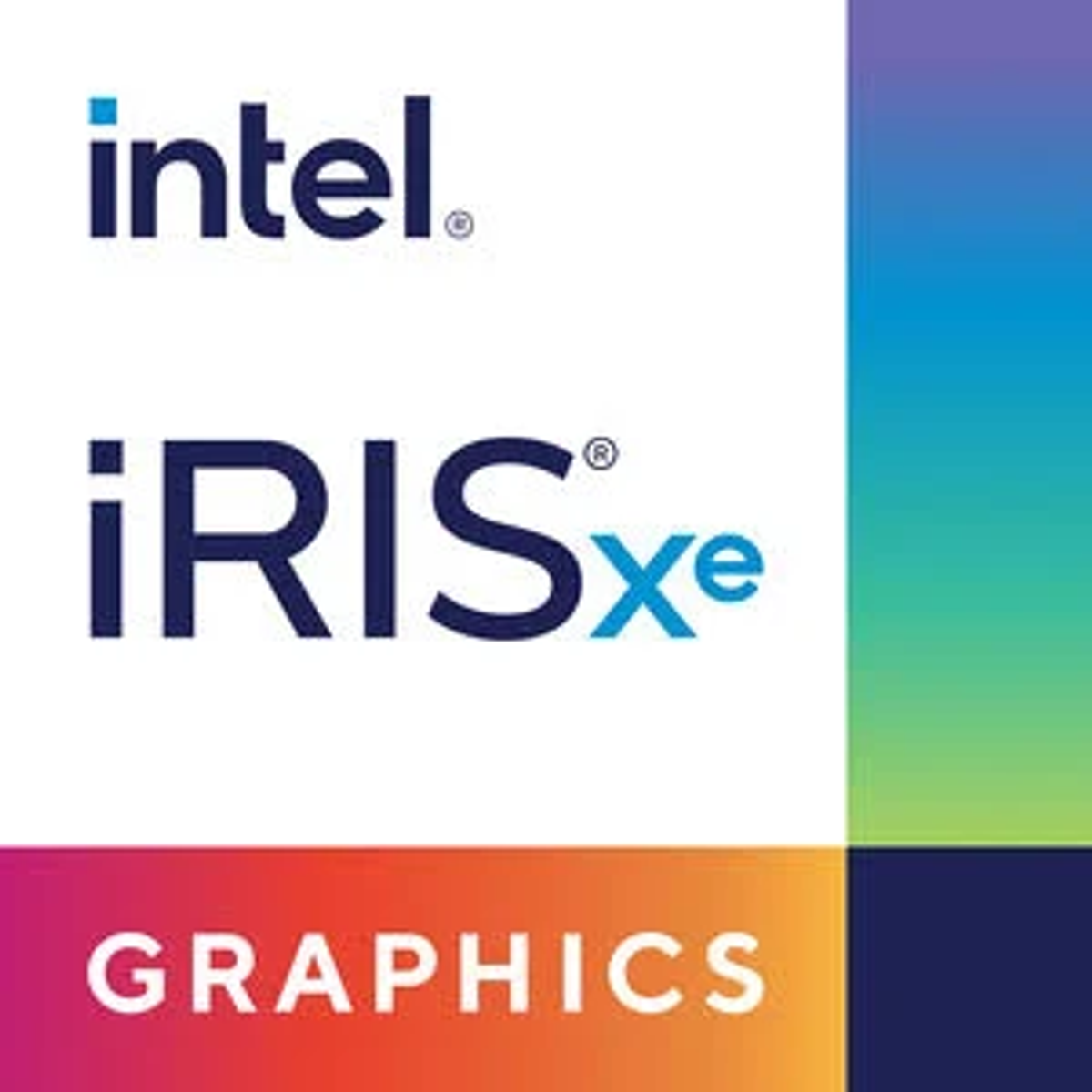 Logo Intel Iris Xe Graphics. Sfondo bianco. Blocchi di colore blu, rosa e viola a destra.