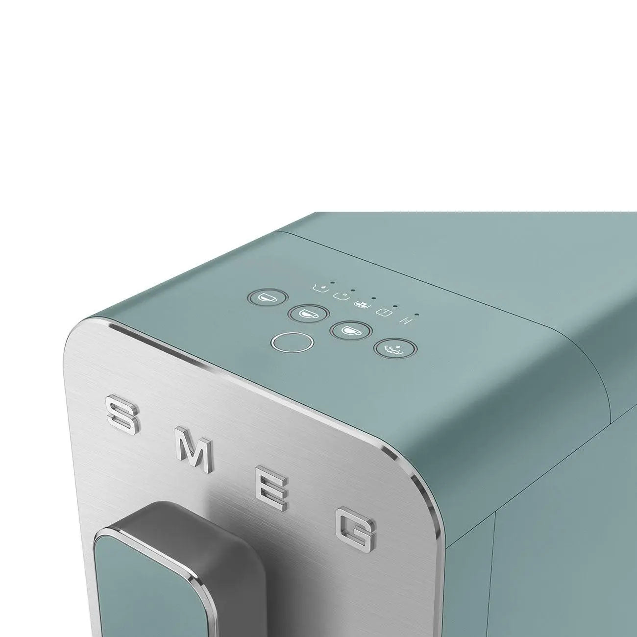 Nahaufnahme eines teal-farbenen Geräts mit silbernen Akzenten. Es hat Knöpfe oben und das SMEG-Logo unten.