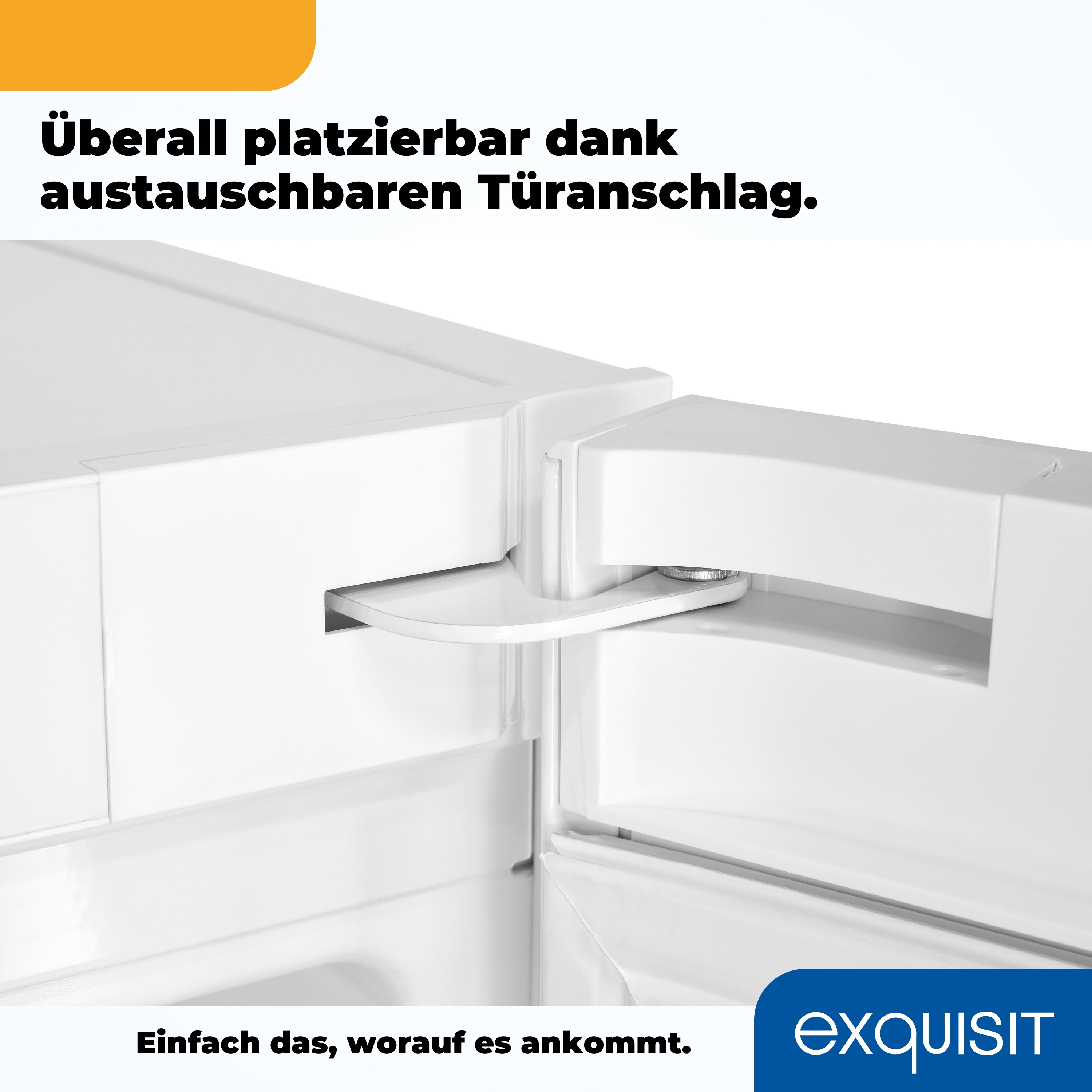 Weißes Kühlschranktürscharnier. Text auf Deutsch besagt Flexibilität bei der Platzierung mit austauschbaren Scharnieren.