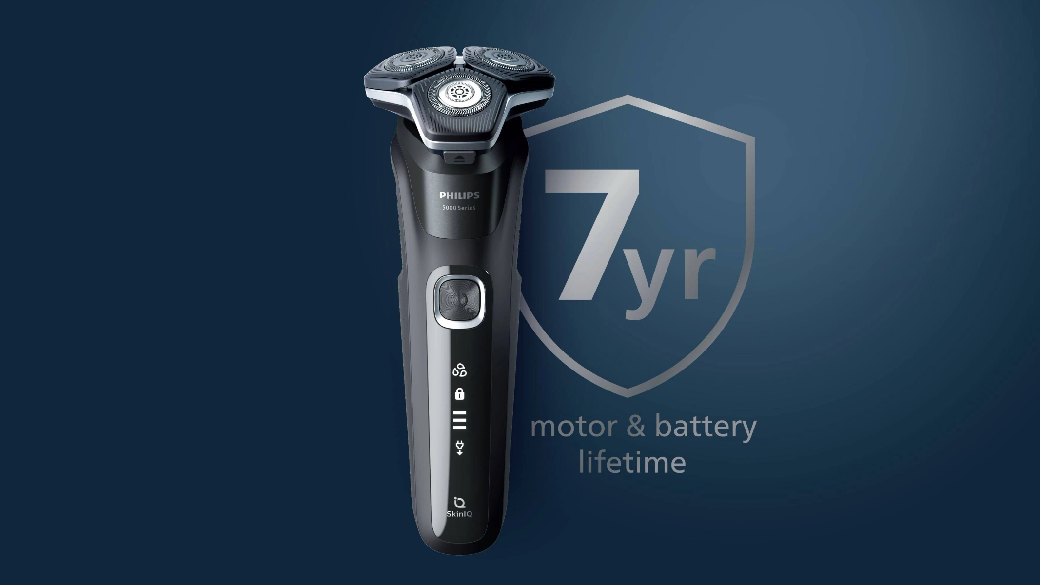 Rasoir Philips noir à trois têtes, sur fond bleu avec texte et icône 7 ans.