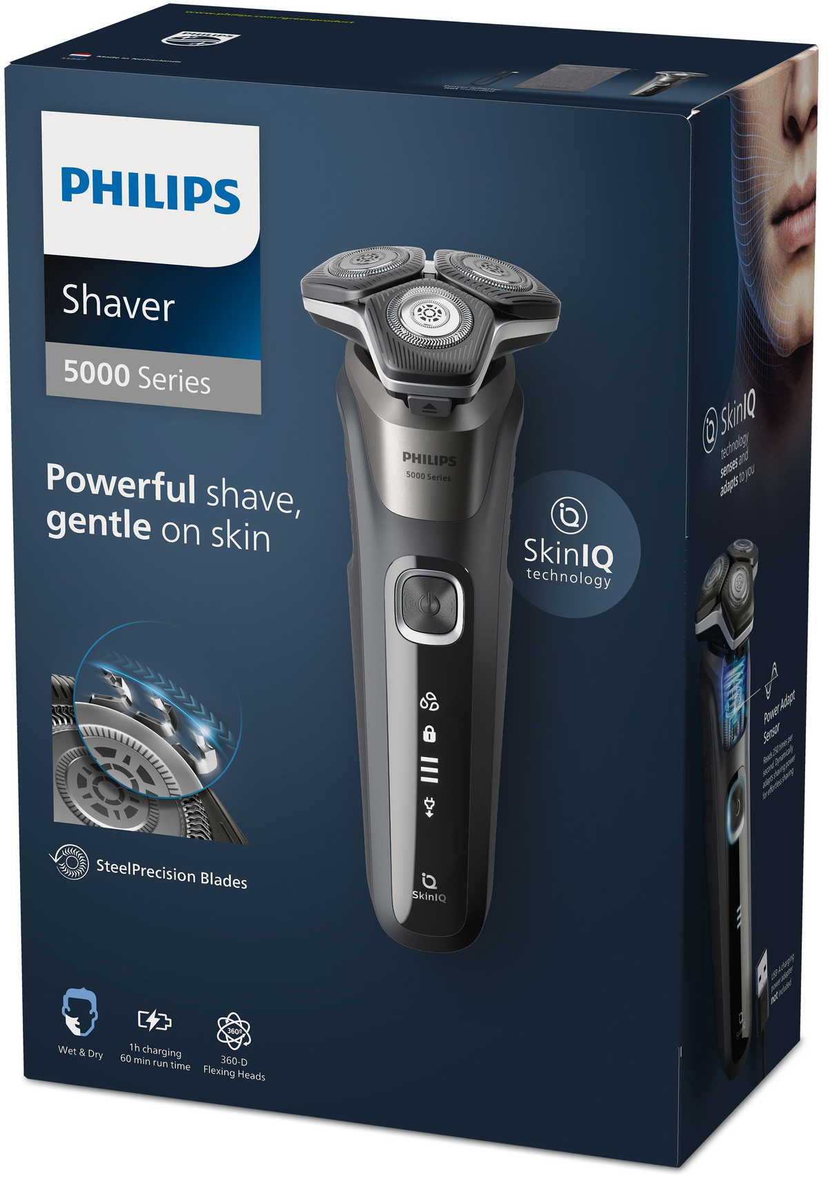 Golarka Philips serii 5000 na niebieskim pudełku, z tekstem i obrazami.