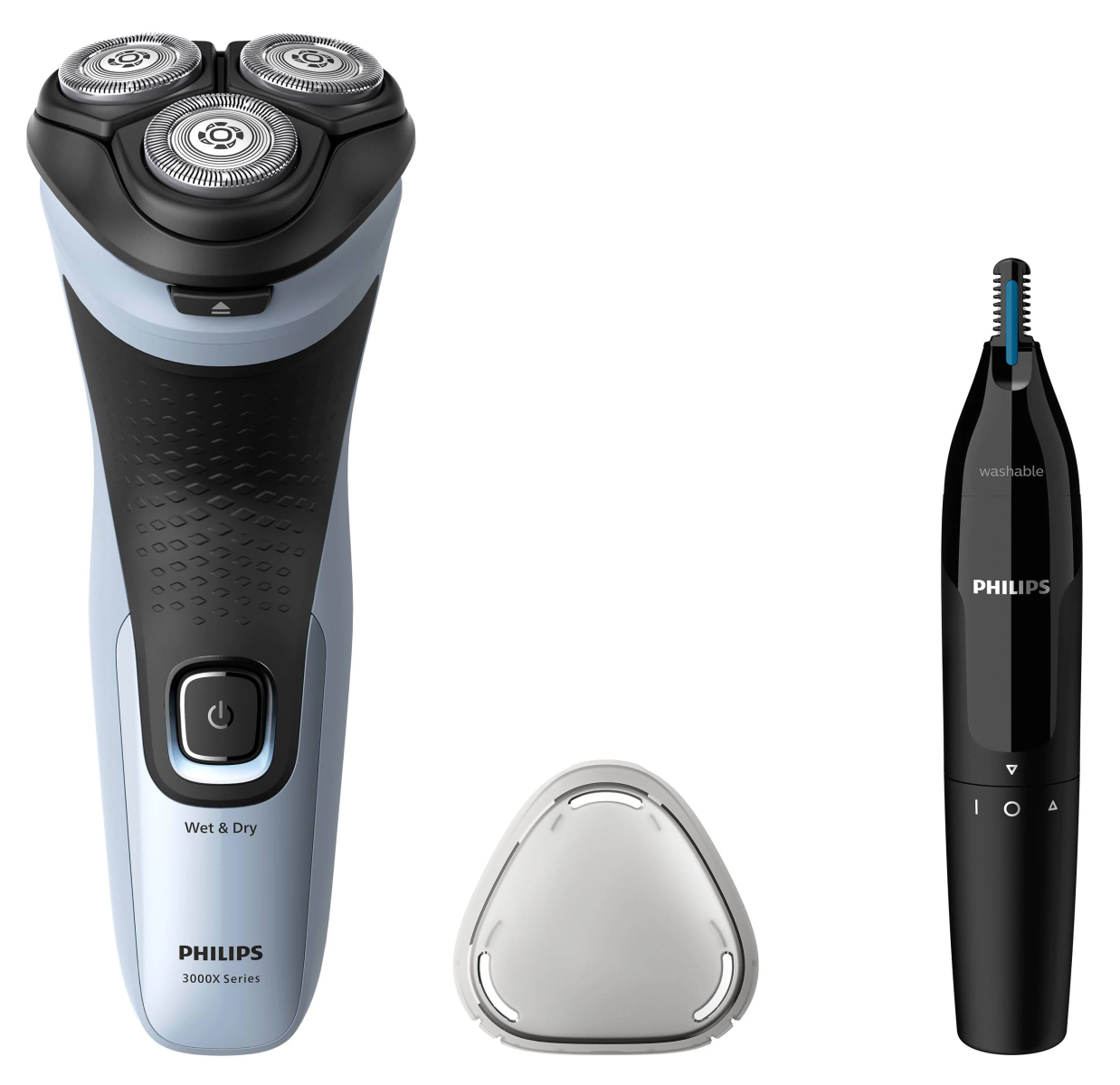 Zestaw do pielęgnacji Philips, w tym golarka, głowica do włosów w nosie i uszach oraz głowica czyszcząca.