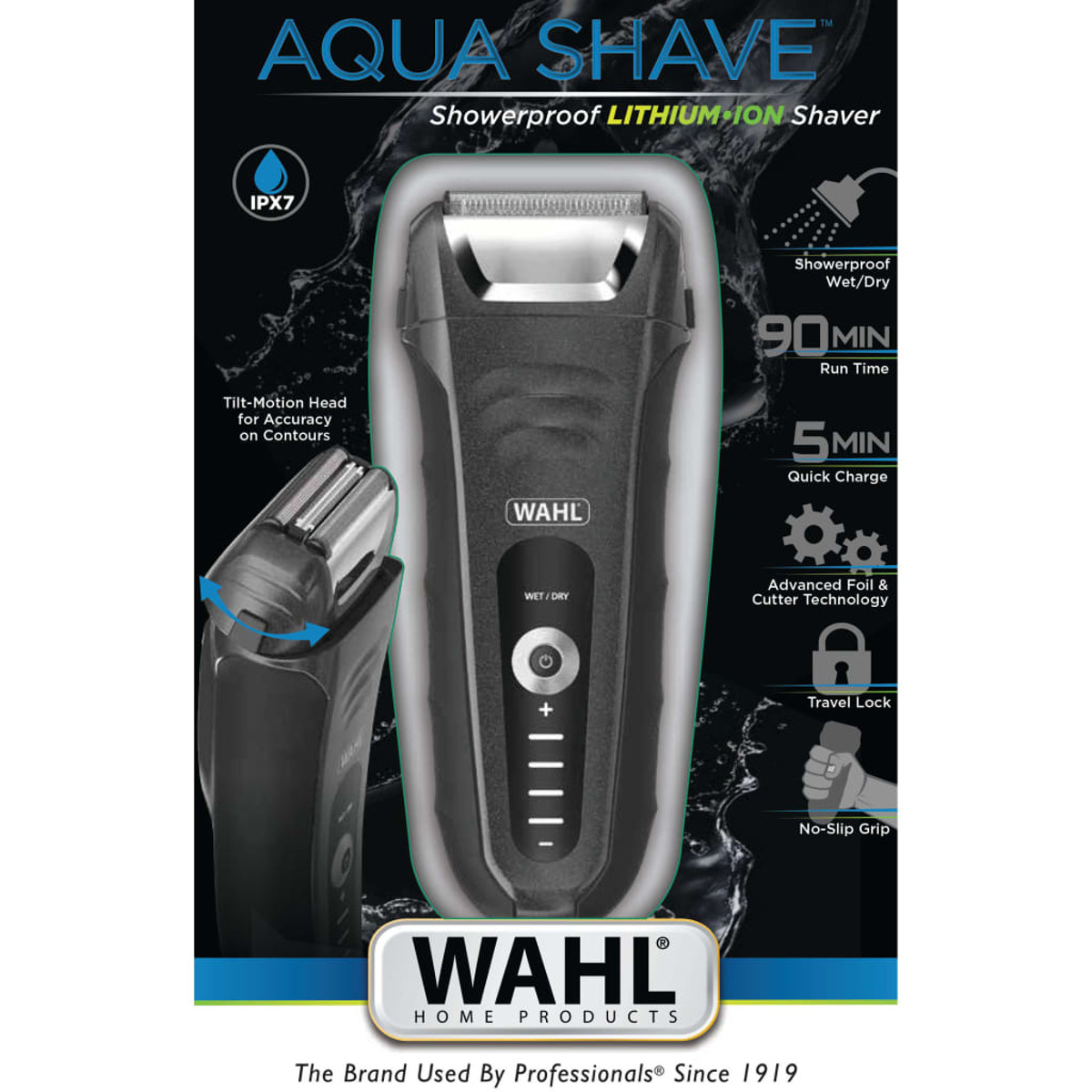 Confezione Wahl Aqua Shave, mostra un rasoio nero.