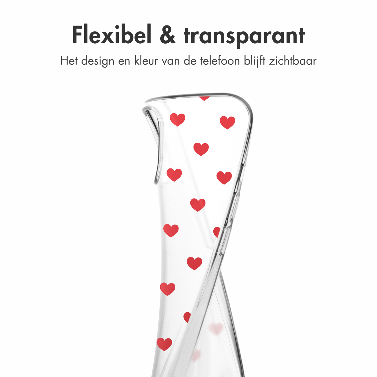 Transparante telefoonhoes met rood hartpatroon. De hoes is gebogen.