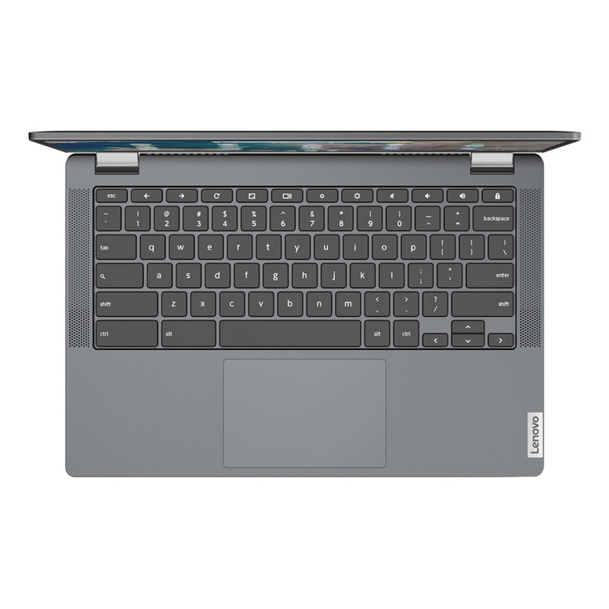 Vista dall'alto di un laptop grigio, aperto, con la tastiera visibile. Logo Lenovo.