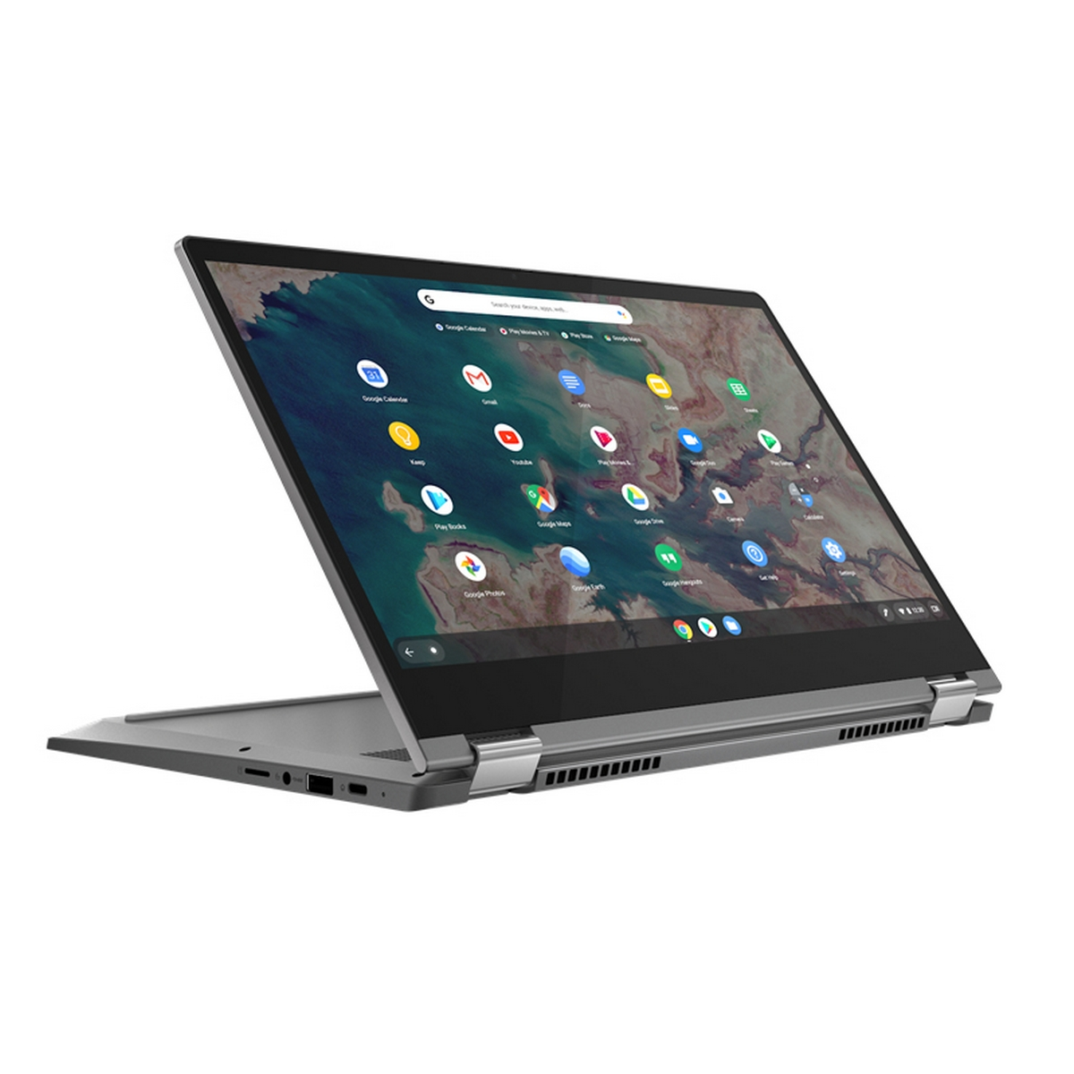 Un Chromebook Lenovo grigio. Lo schermo è aperto e mostra un'interfaccia.