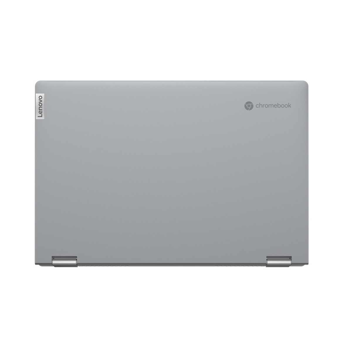 Un laptop grigio è chiuso, mostrando il retro. I loghi Lenovo e Chromebook sono visibili.