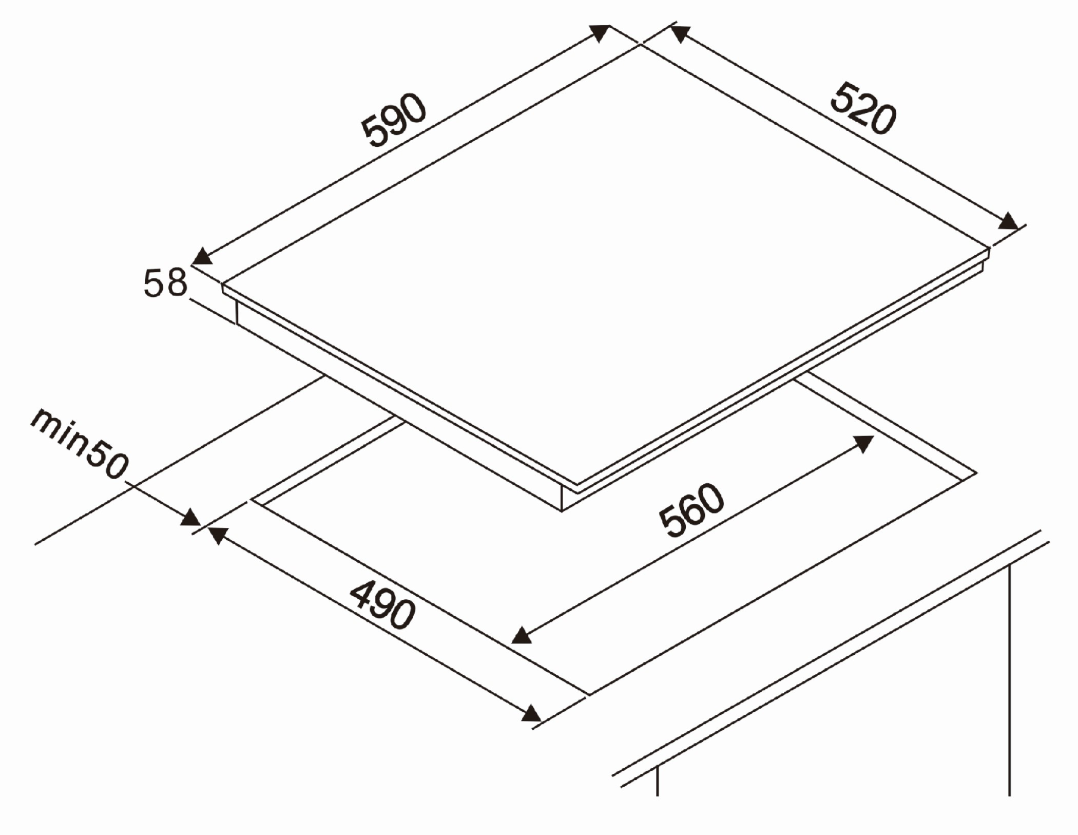 Diagram met afmetingen van een kookplaat. Afmetingen in millimeters.