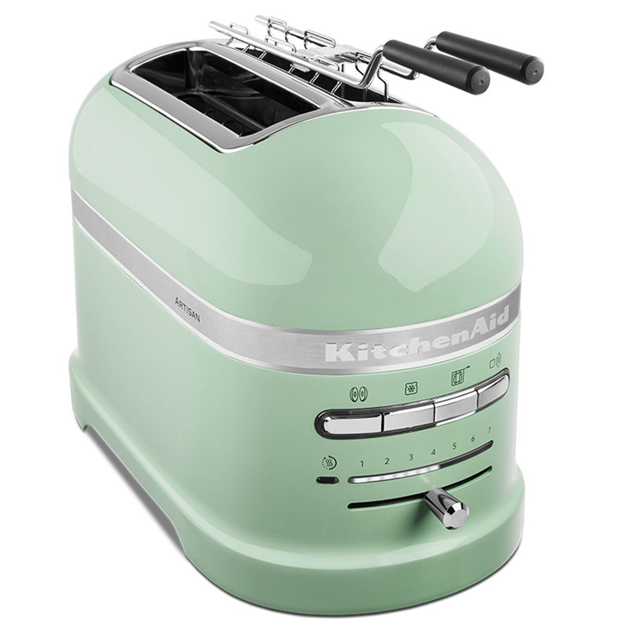 Green KitchenAid toaster. Silver accents, buttons, and a lever to lower the toast.