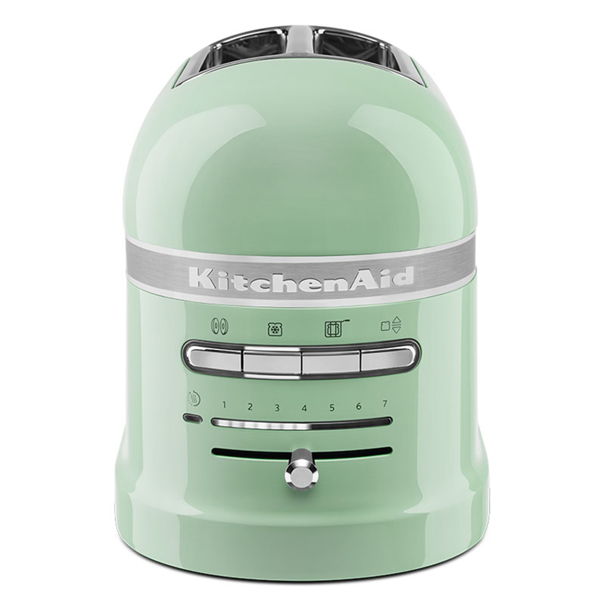 A mint green KitchenAid toaster with settings and buttons.