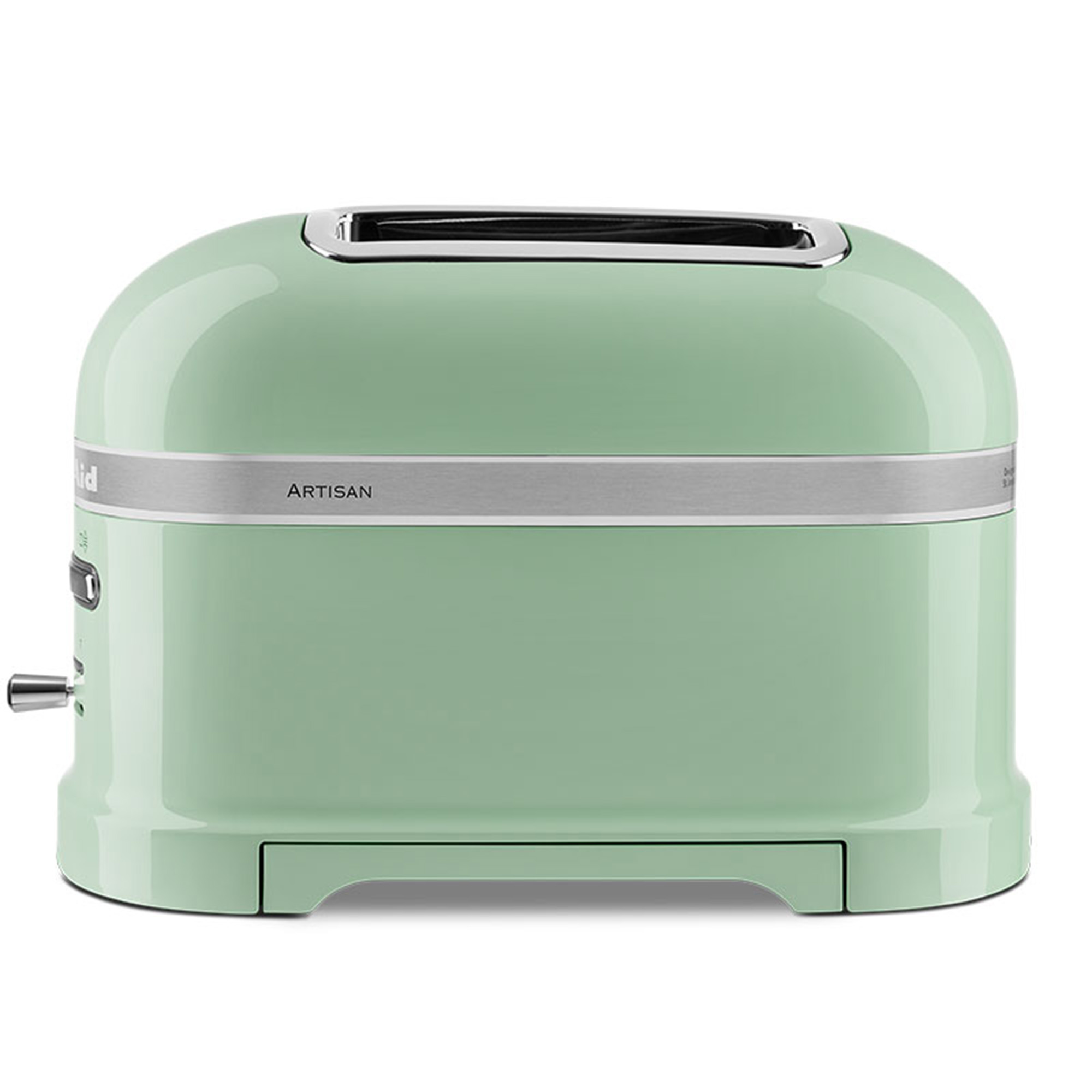 A light green KitchenAid toaster, with a silver trim, isolated on a white surface.