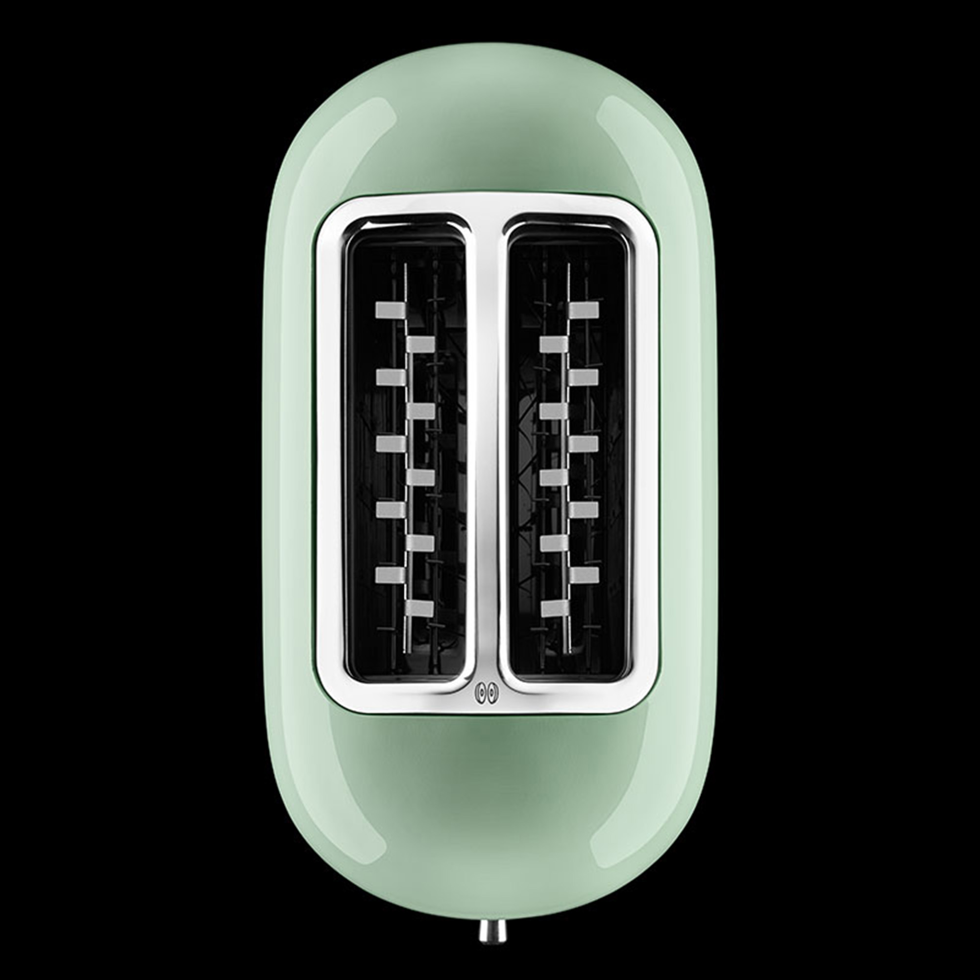 A mint green toaster with two slots, chrome trim, and a black background.