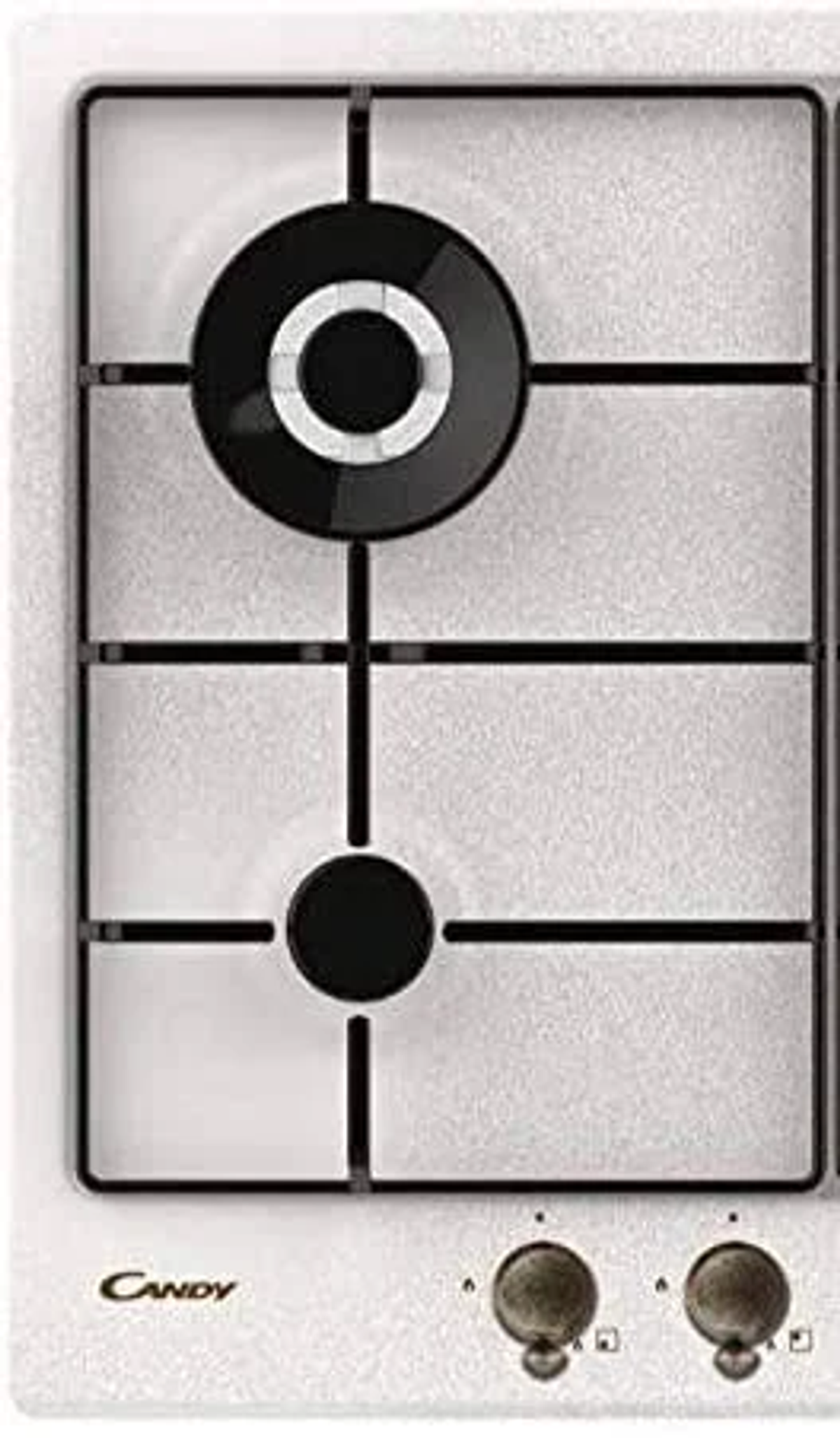 Biała płyta gazowa z czarnymi rusztami i dwoma pokrętłami. Logo marki Candy.