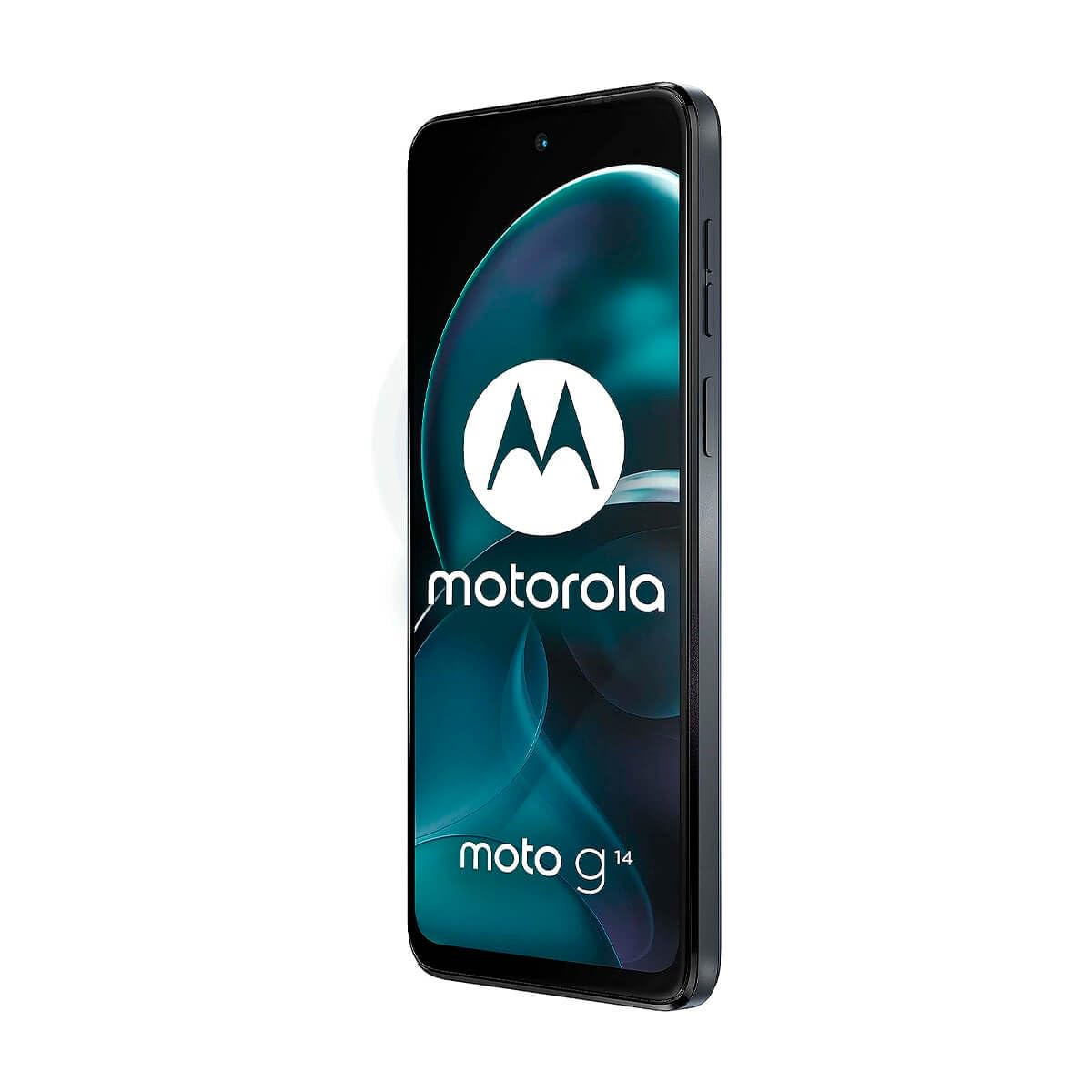 Czarny smartfon Motorola Moto G14, pokazujący ekran wyświetlający grafikę.