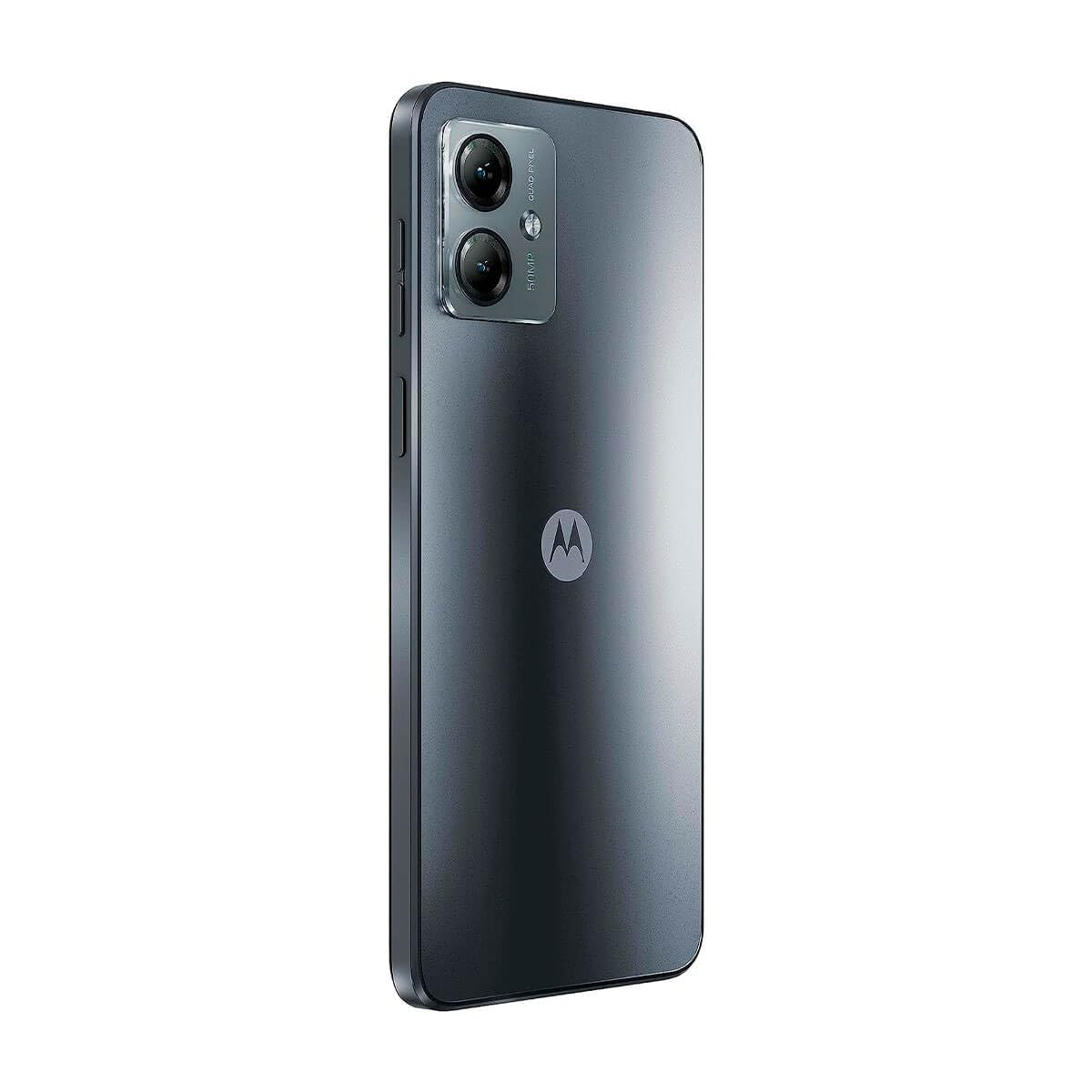 Tył ciemnoszarego telefonu Motorola, z podwójnym aparatem i logo.