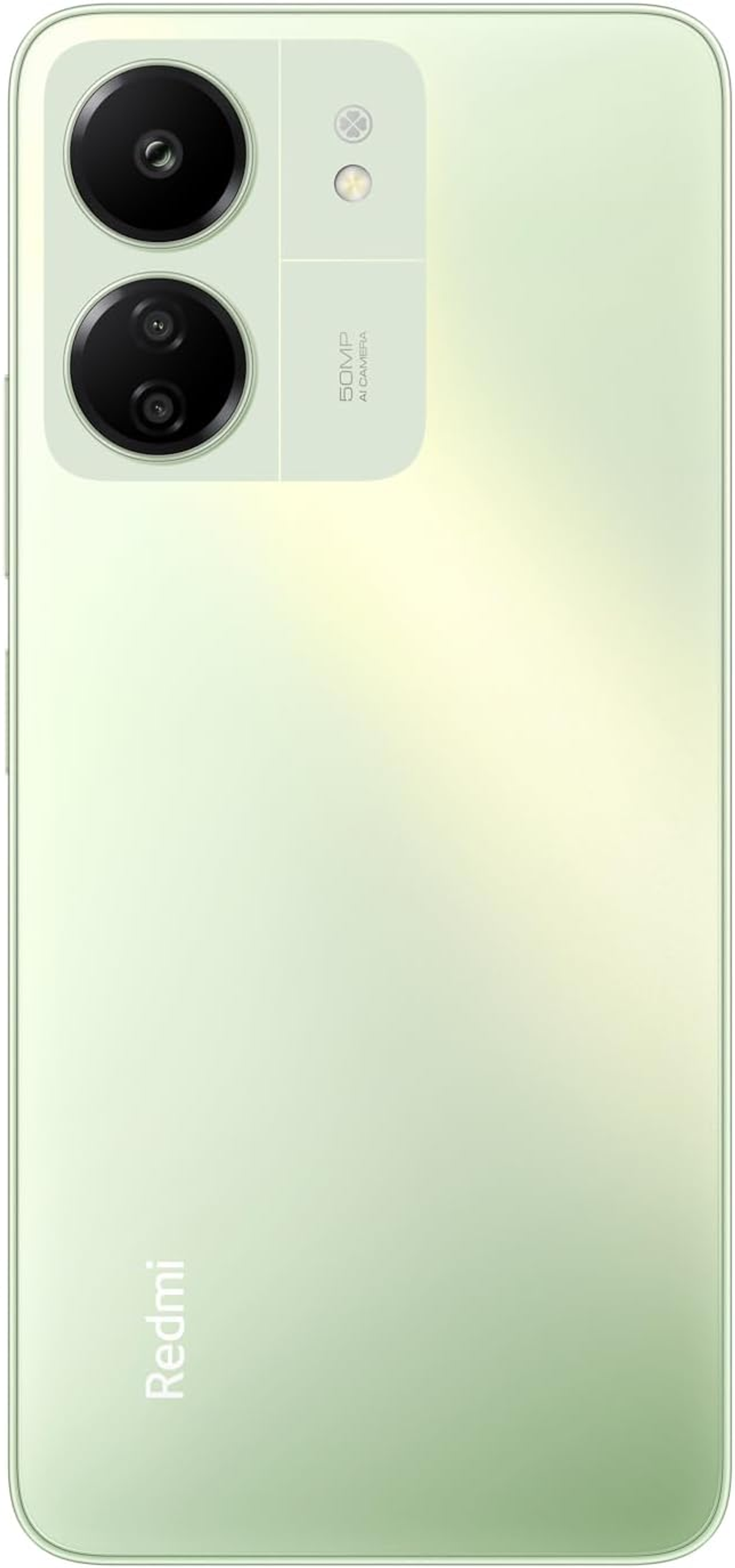 Zielony tył smartfona z dwoma aparatami i etykietą 50MP. Logo Redmi na dole.
