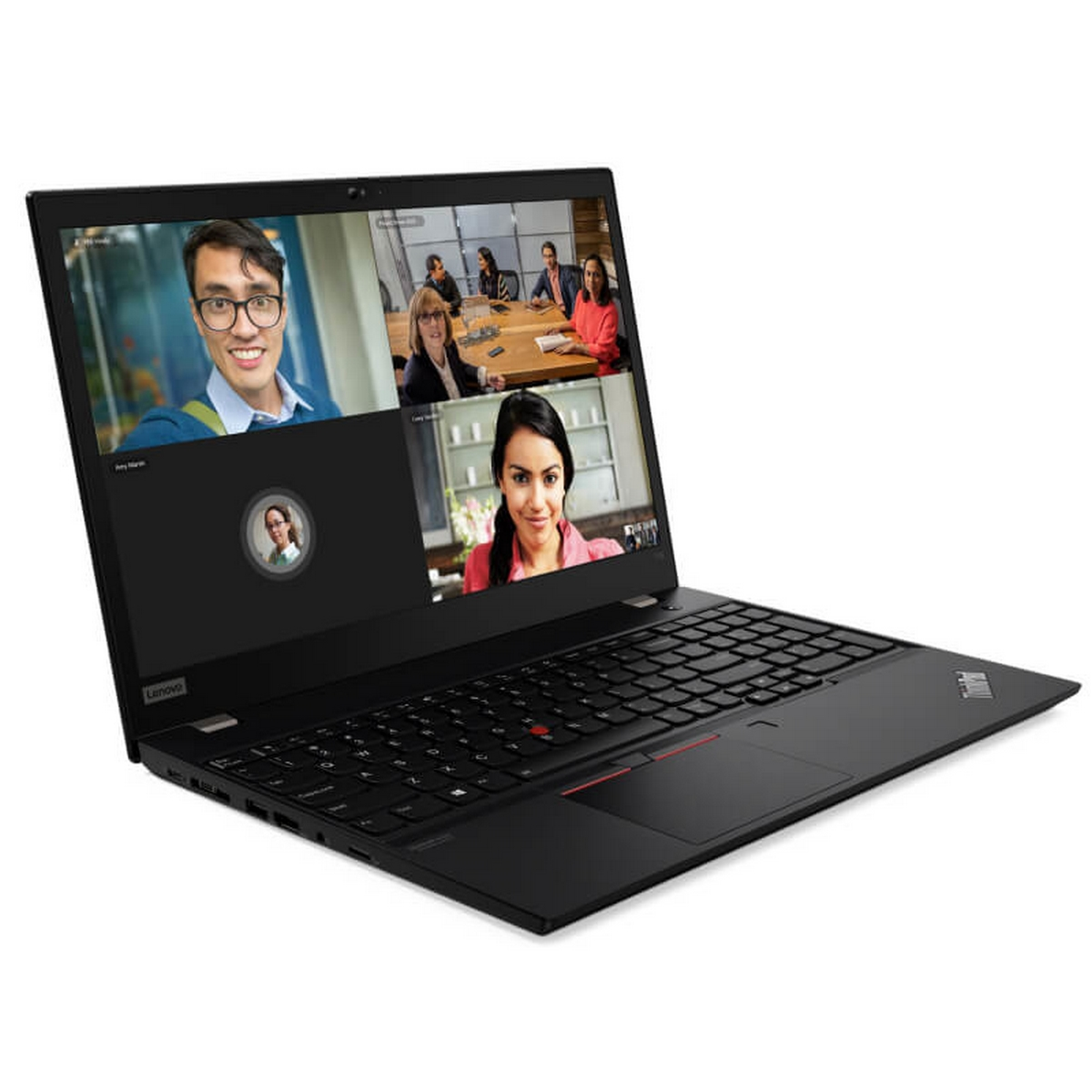 Un laptop Lenovo nero è aperto, mostrando una videoconferenza sullo schermo.