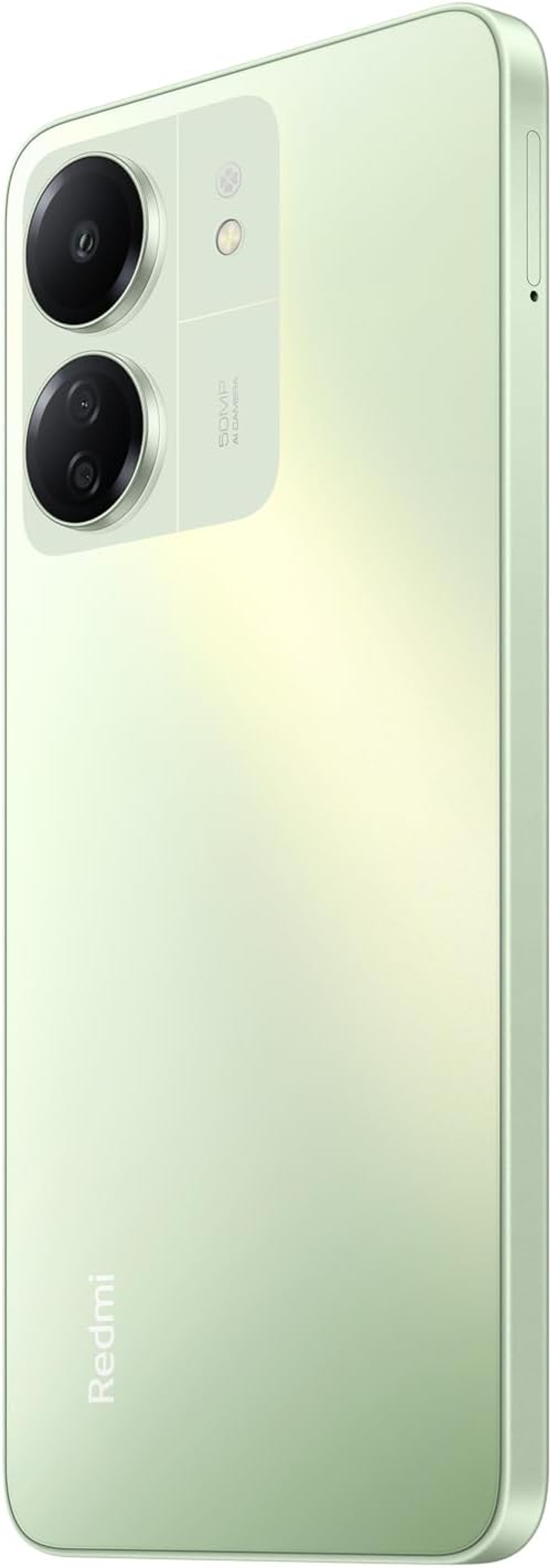 Zielony smartfon, widok z boku. Podwójny aparat. Białe tło. Widoczne logo 'Redmi'.