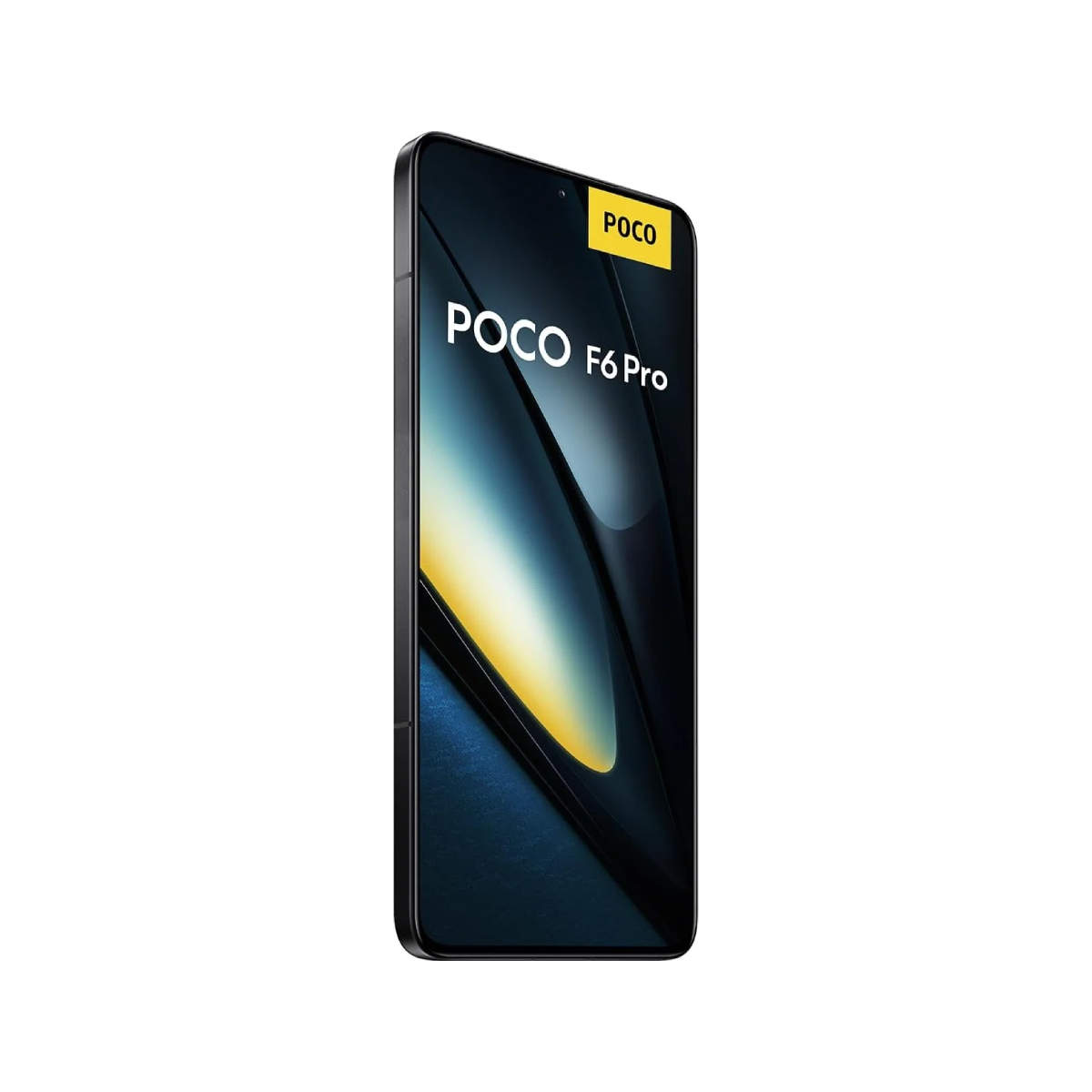 Czarny telefon Poco F6 Pro z żółtą naklejką POCO na białym tle.
