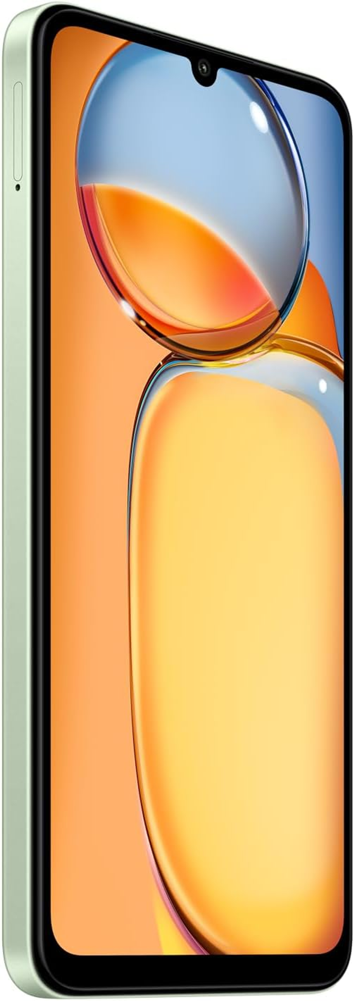 Zielony smartfon pod kątem, wyświetlacz z abstrakcyjną grafiką w odcieniach pomarańczu i błękitu.