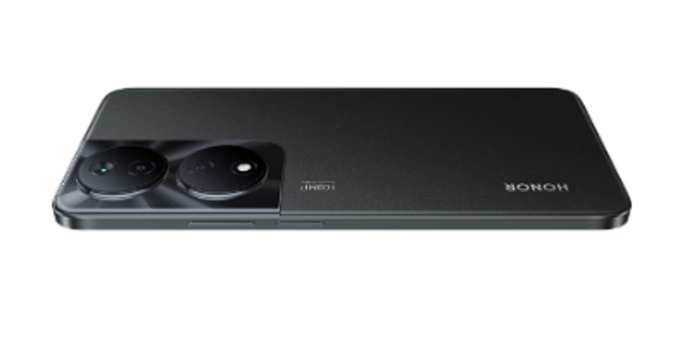 Czarny smartfon z dwoma aparatami na białym tle.