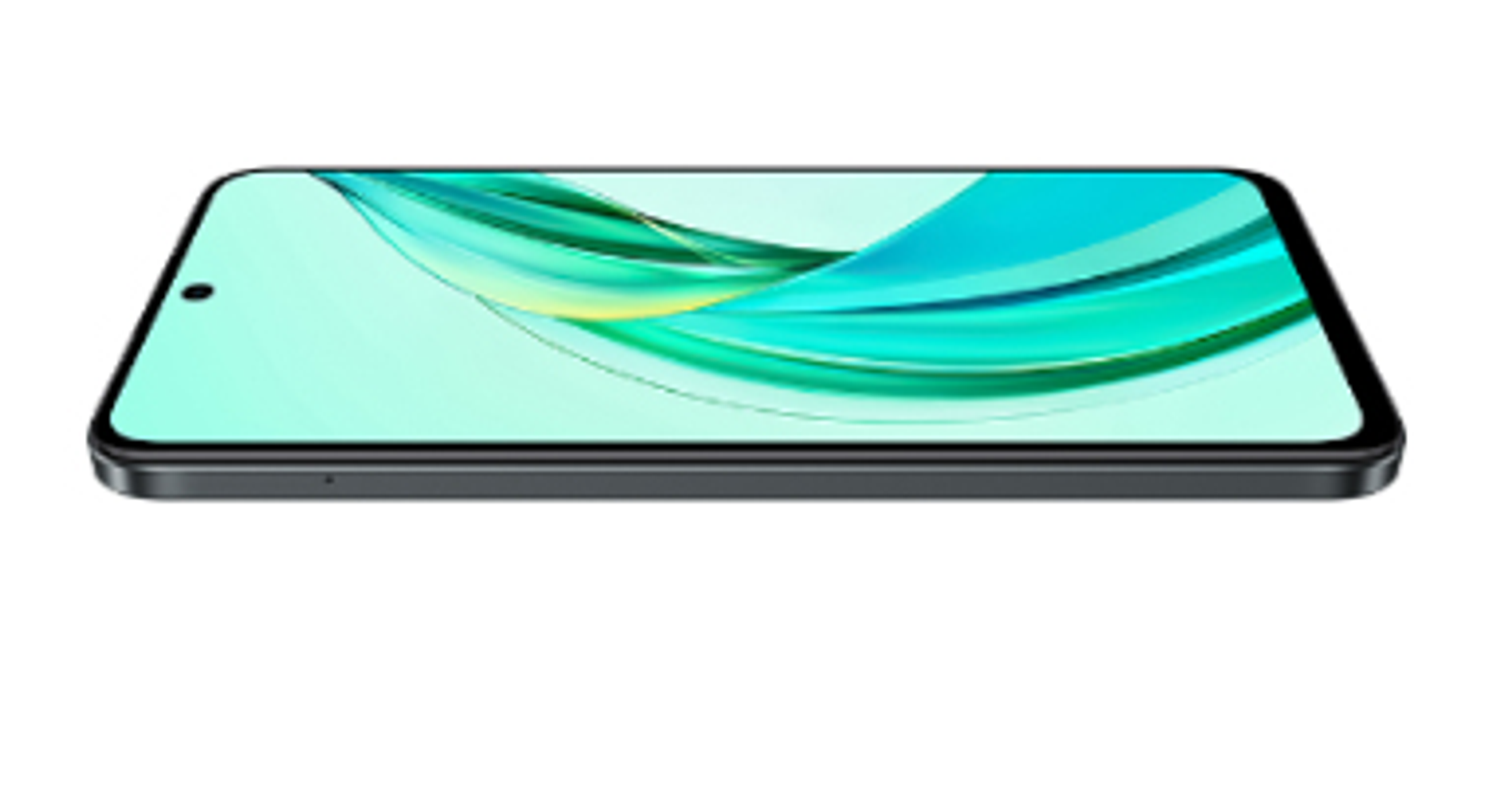 Czarny smartfon na białym tle. Ekran wyświetla jasnozielony i niebieski wzór.