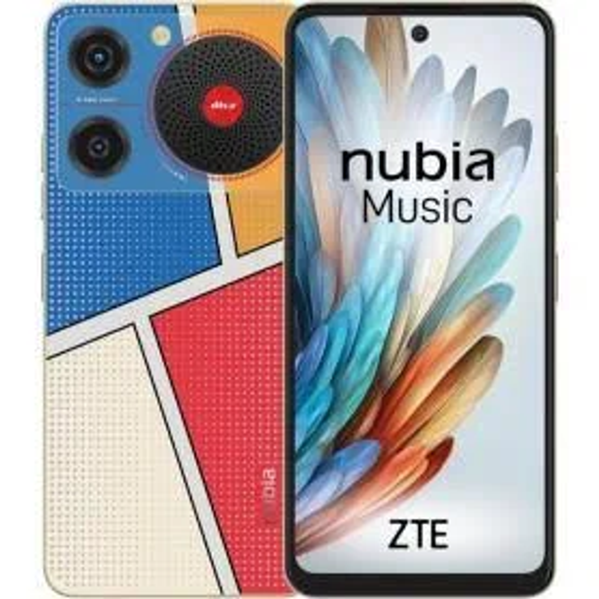 Smartphone met een levendig achterpaneel, blauwe camera's en een zwart scherm.