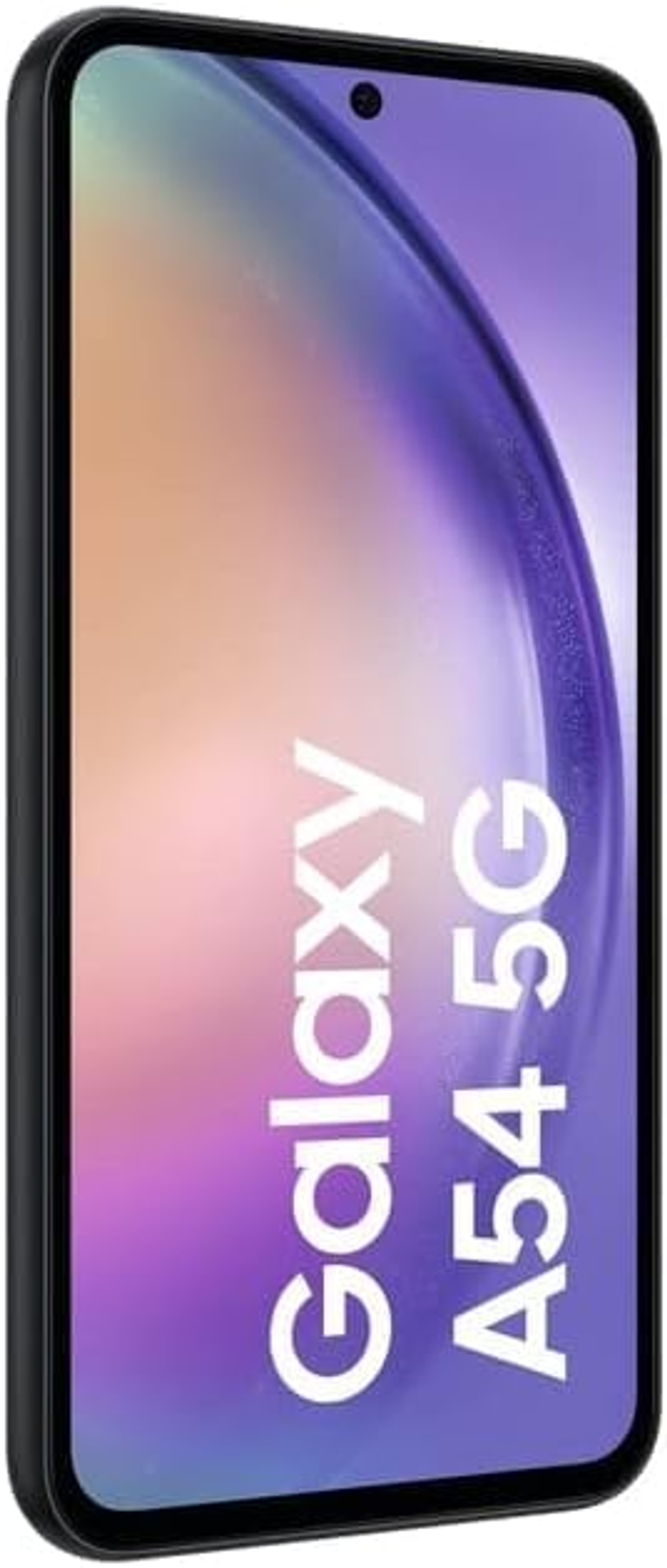 Smartphone negro con texto Galaxy A54 5G en la pantalla, vista lateral.