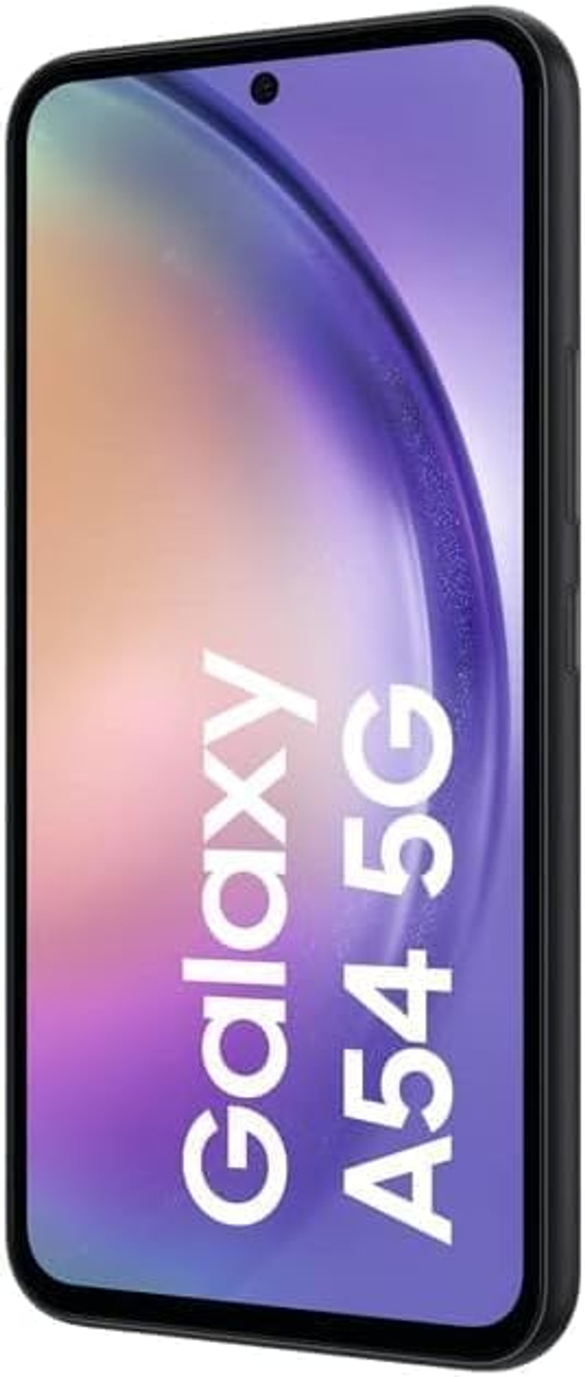 Smartphone negro con pantalla colorida, mostrando Galaxy A54 5G en texto blanco.