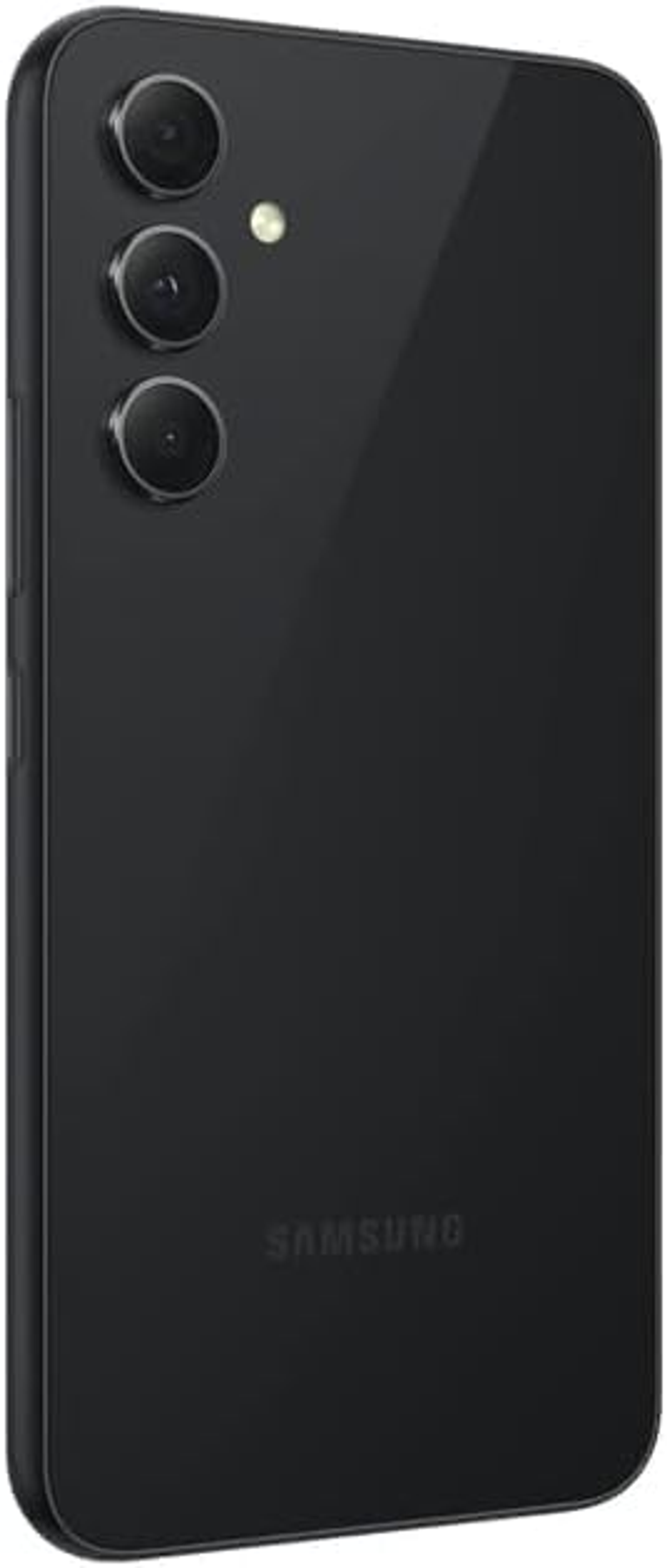 Teléfono Samsung negro, vista lateral. Tres lentes de cámara son visibles en la parte trasera.
