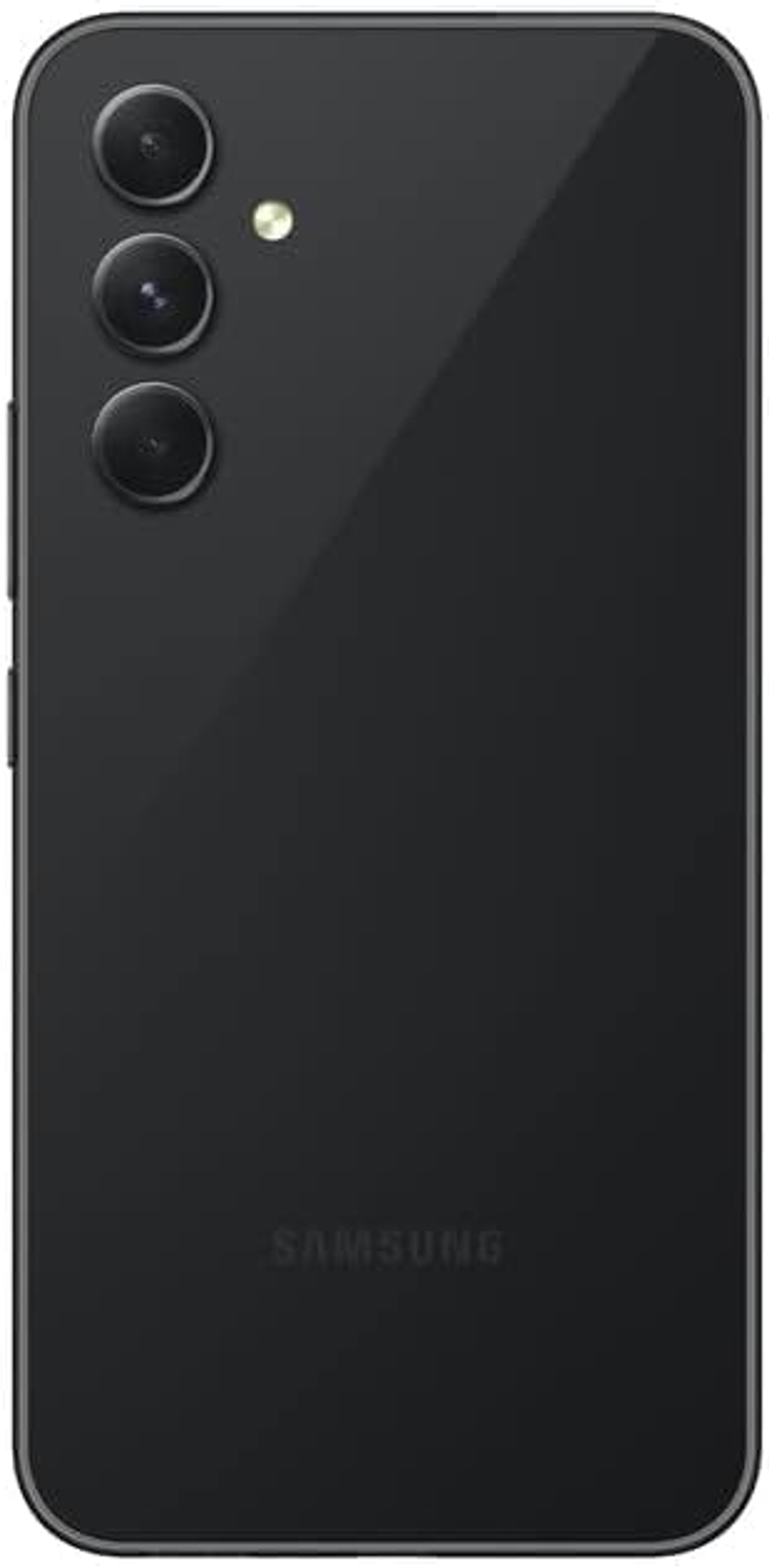 La parte trasera de un smartphone negro con tres cámaras, un flash y un logotipo de Samsung.