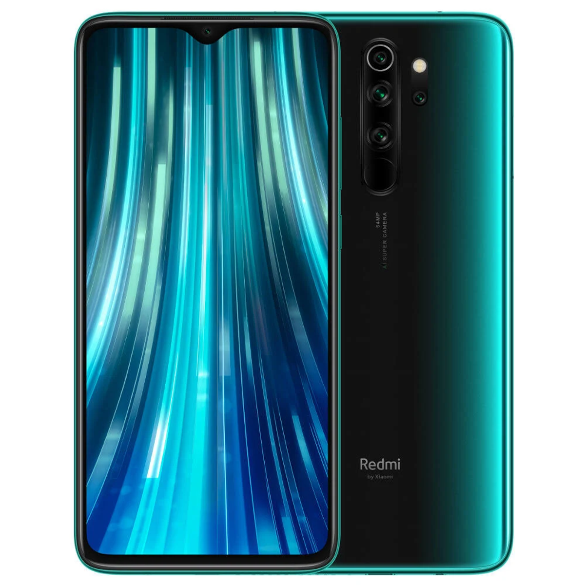 Telefoon met dubbele camera met een groene gradiënt achterkant. Voorkant toont scherm.
