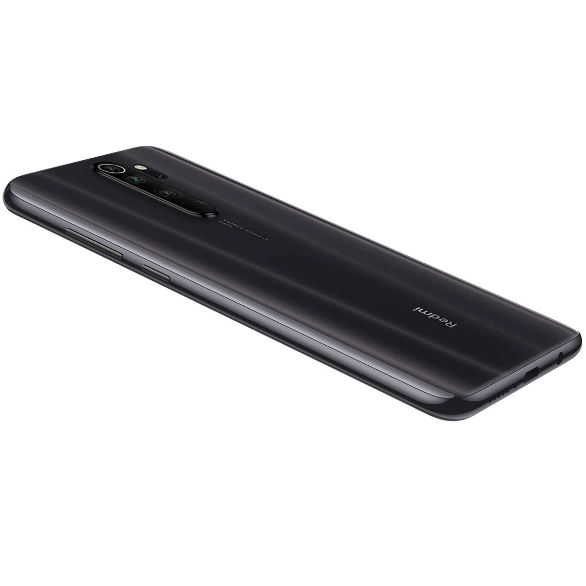 Een zwarte Redmi smartphone, met de achterkant met meerdere camera's en het Redmi logo.