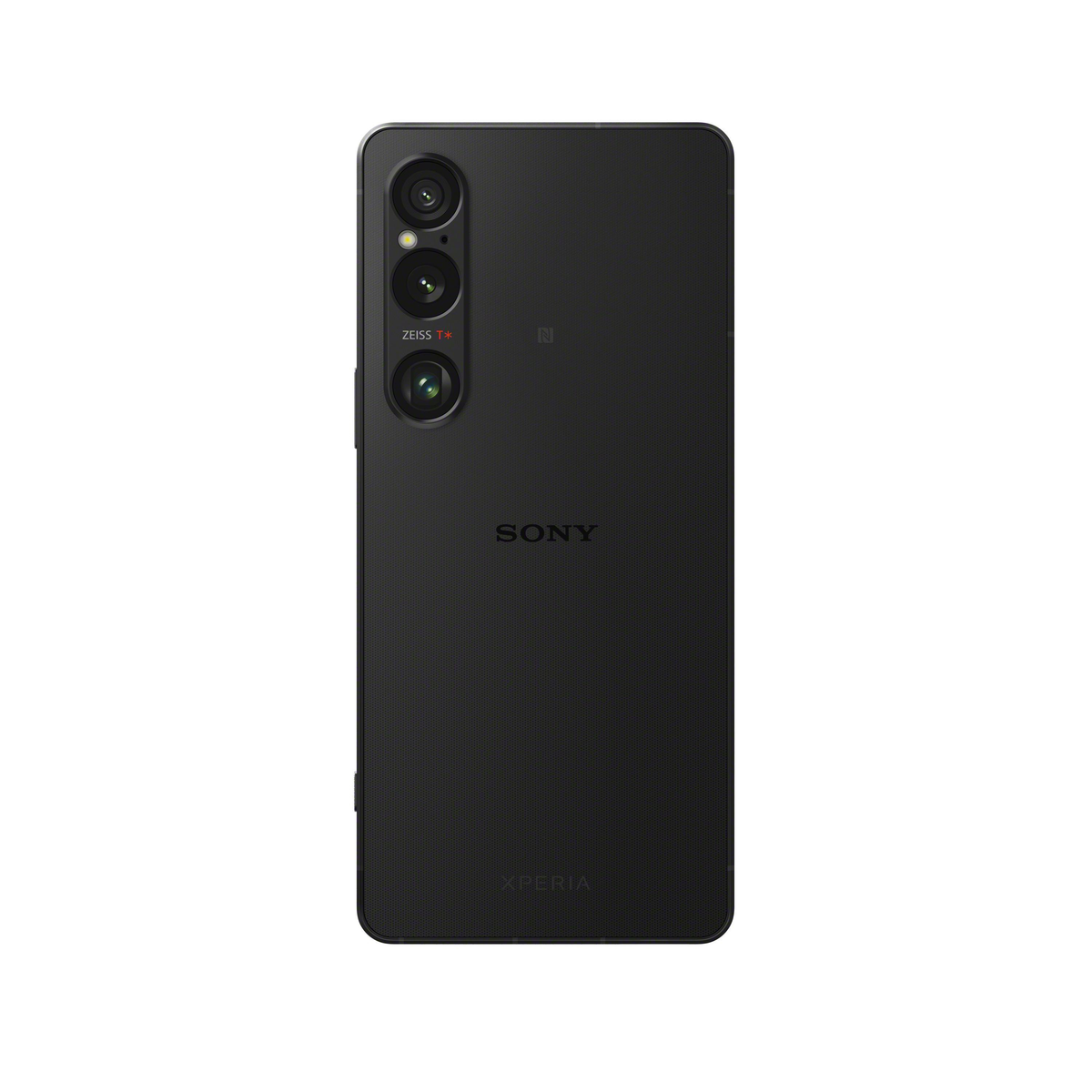 Schwarzes Sony Xperia Telefon, Rückansicht, mit drei Kameras, Sony Logo und Xperia Text.