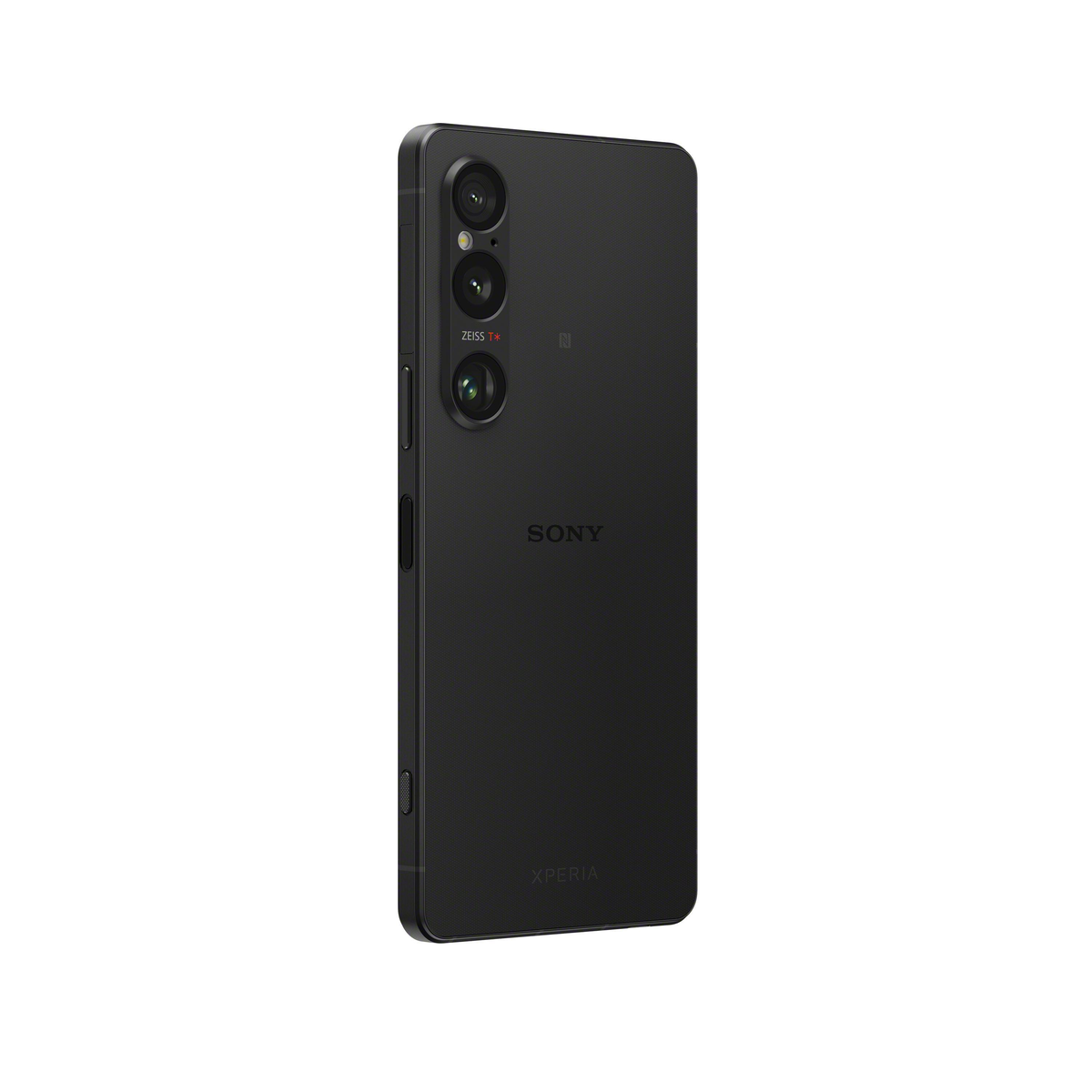 Schwarze Sony Xperia Telefonrückseite. Dreifache Kamera mit Zeiss-Objektiv-Branding.