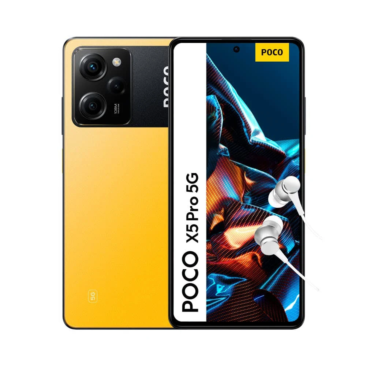Telefono giallo Poco X5 Pro 5G con auricolari, su sfondo bianco.