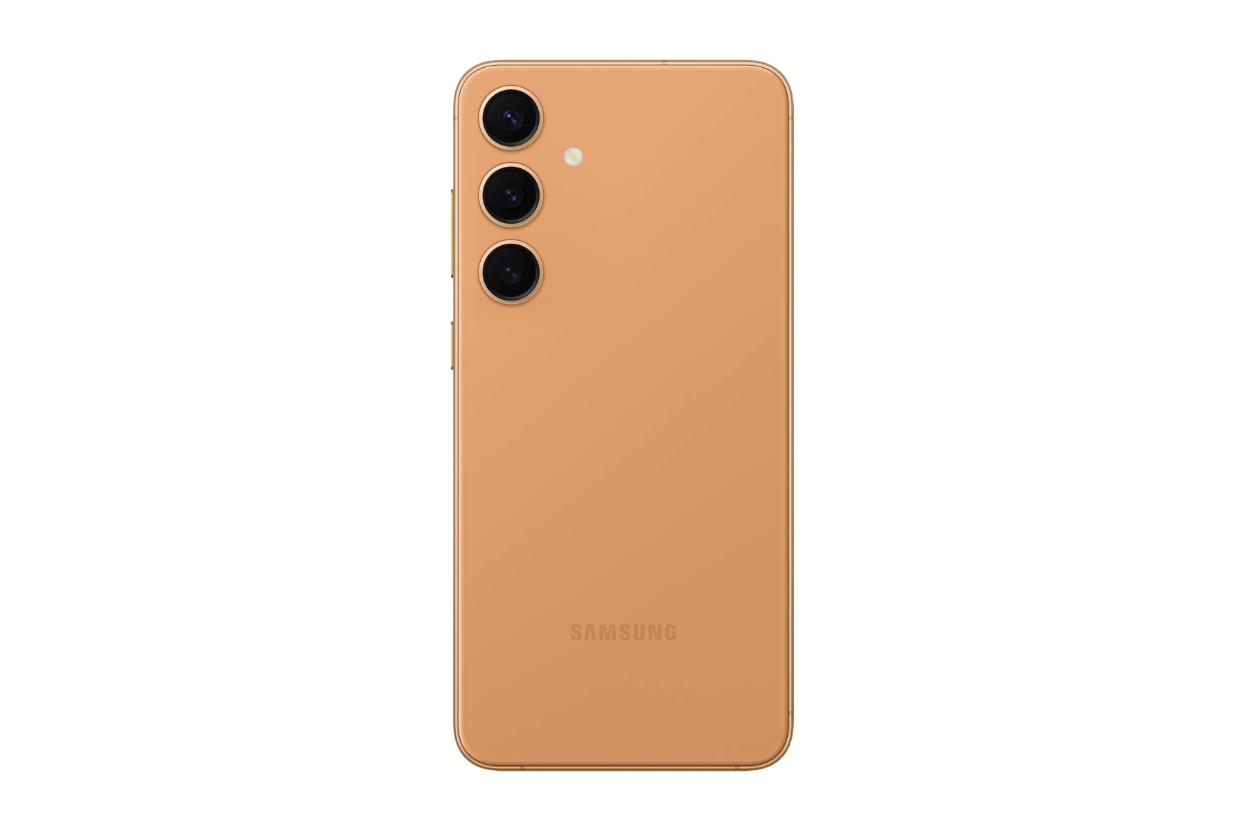 Back of a gold colored Samsung phone with triple cameras.