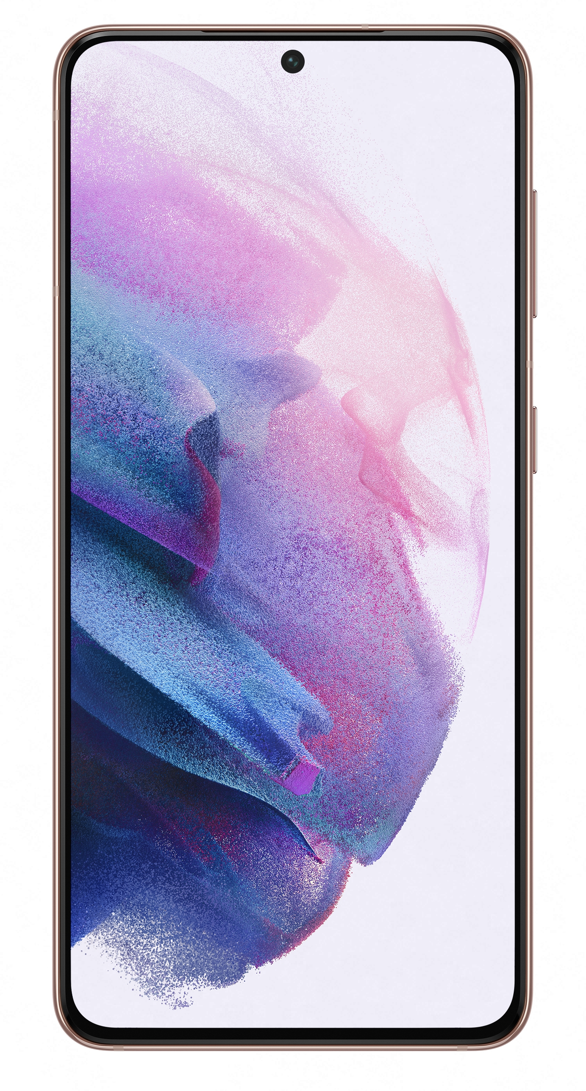 Uno smartphone dorato mostra un design astratto colorato sullo schermo, con una fotocamera centrata.