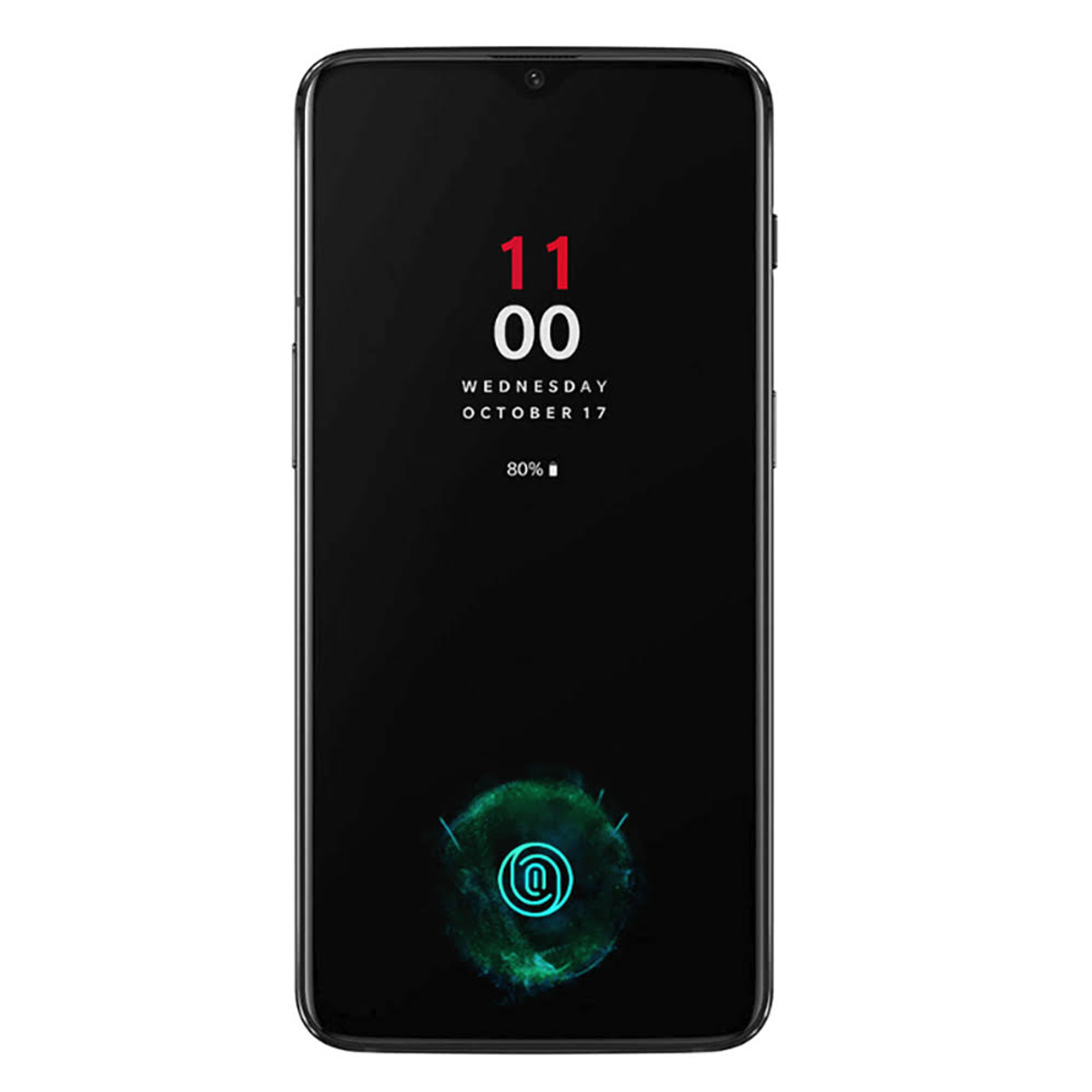 Uno smartphone nero mostra lo schermo frontale con l'ora, la data e le icone delle app.
