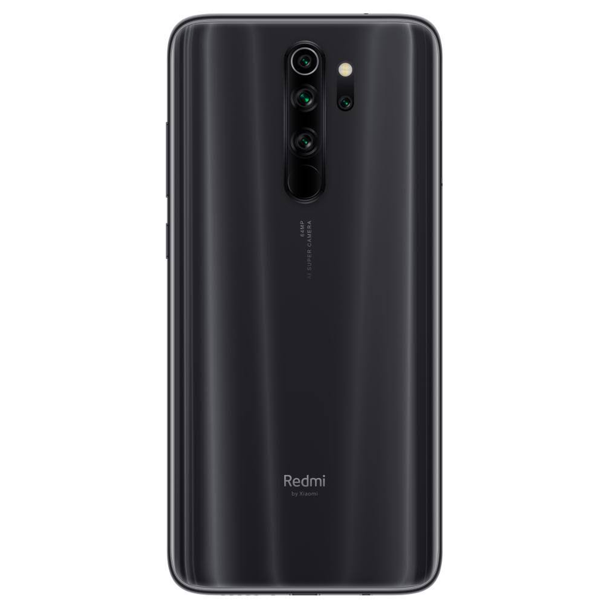 Schwarze Redmi-Telefonrückseite mit vertikal angeordneten Kameras. Redmi-Logo unten.