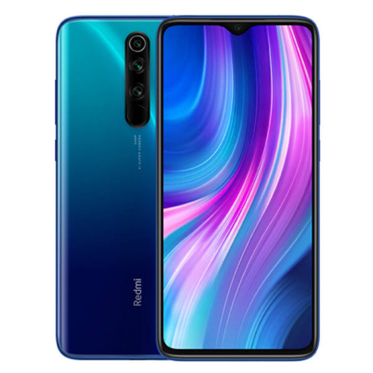 Blaues und schwarzes Smartphone mit Dreifach-Kamera auf der Rückseite.