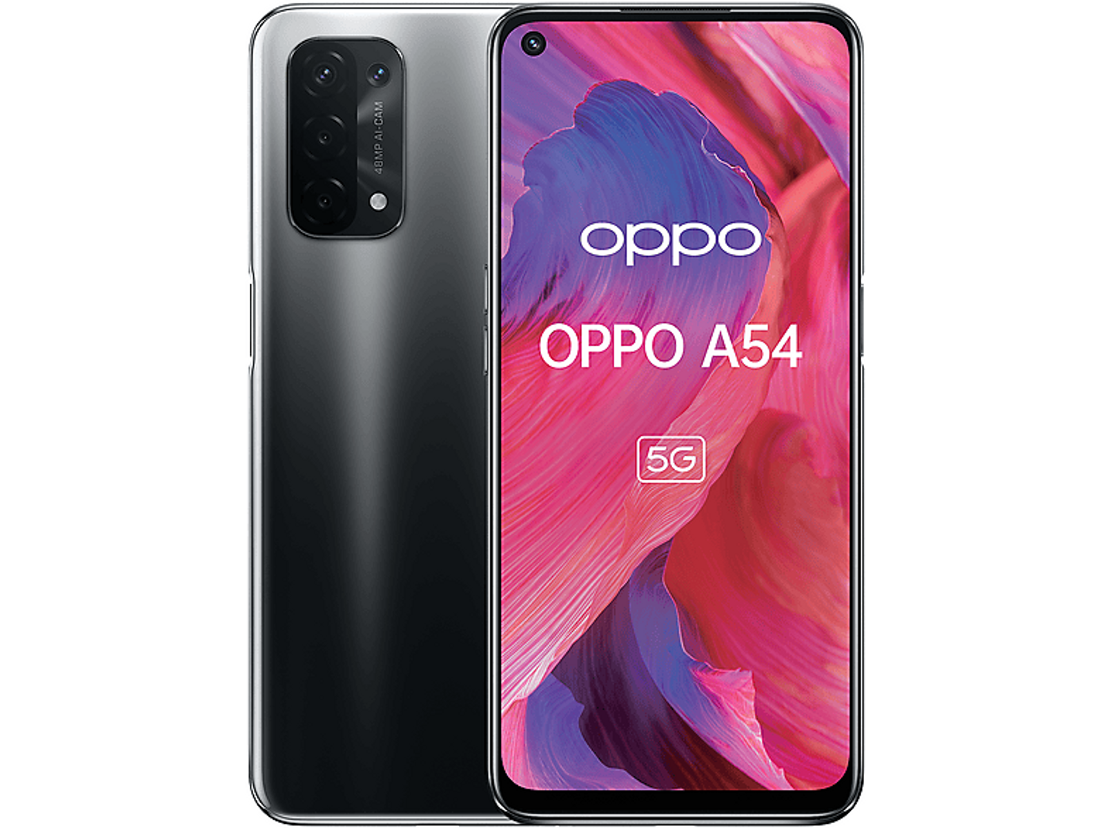 Zwarte en grijze smartphone. Scherm toont Oppo logo en Oppo A54 tekst.