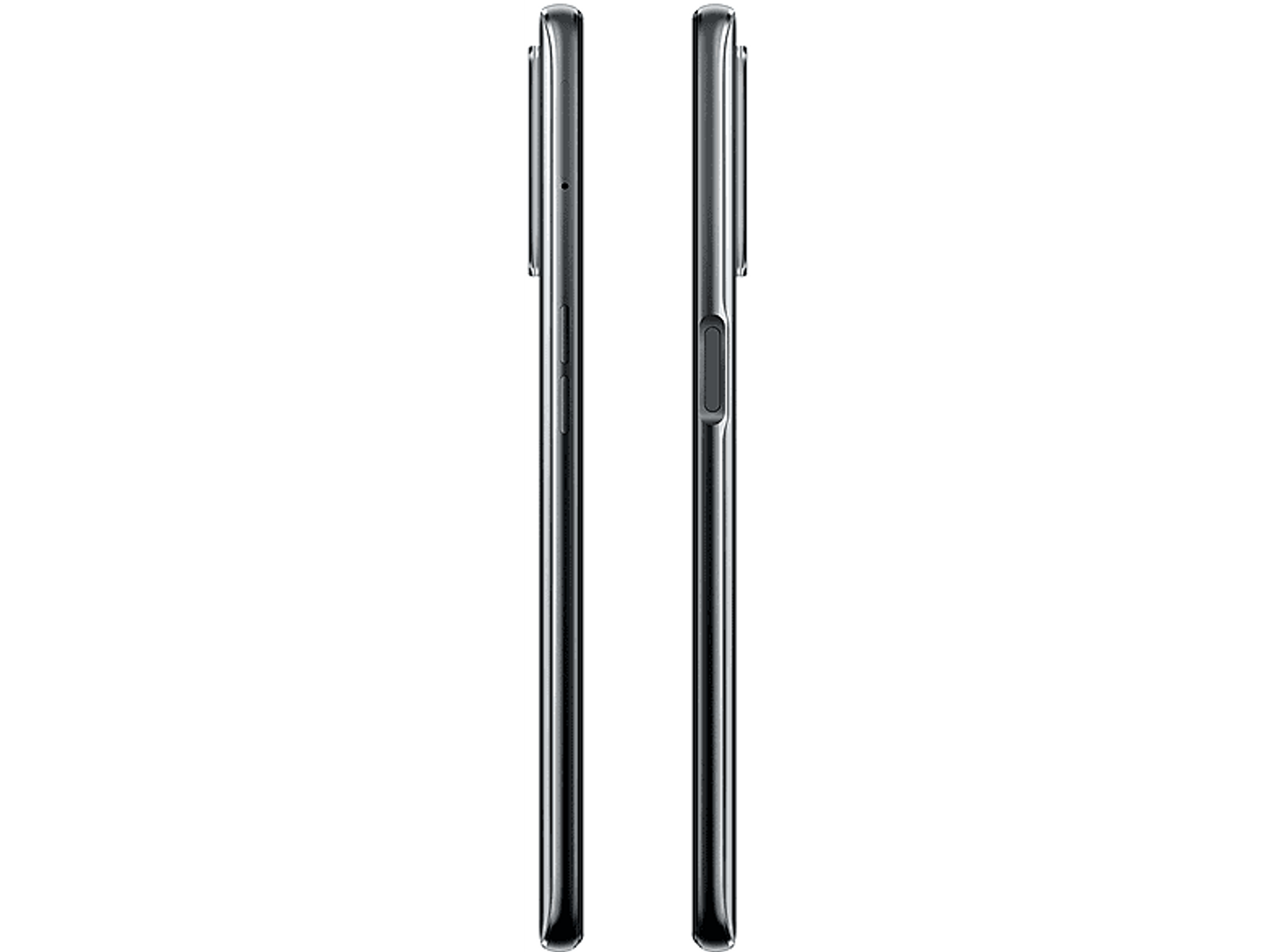Twee zijkanten van een zwarte smartphone, die het zijprofiel tonen. Volumeknoppen zichtbaar.