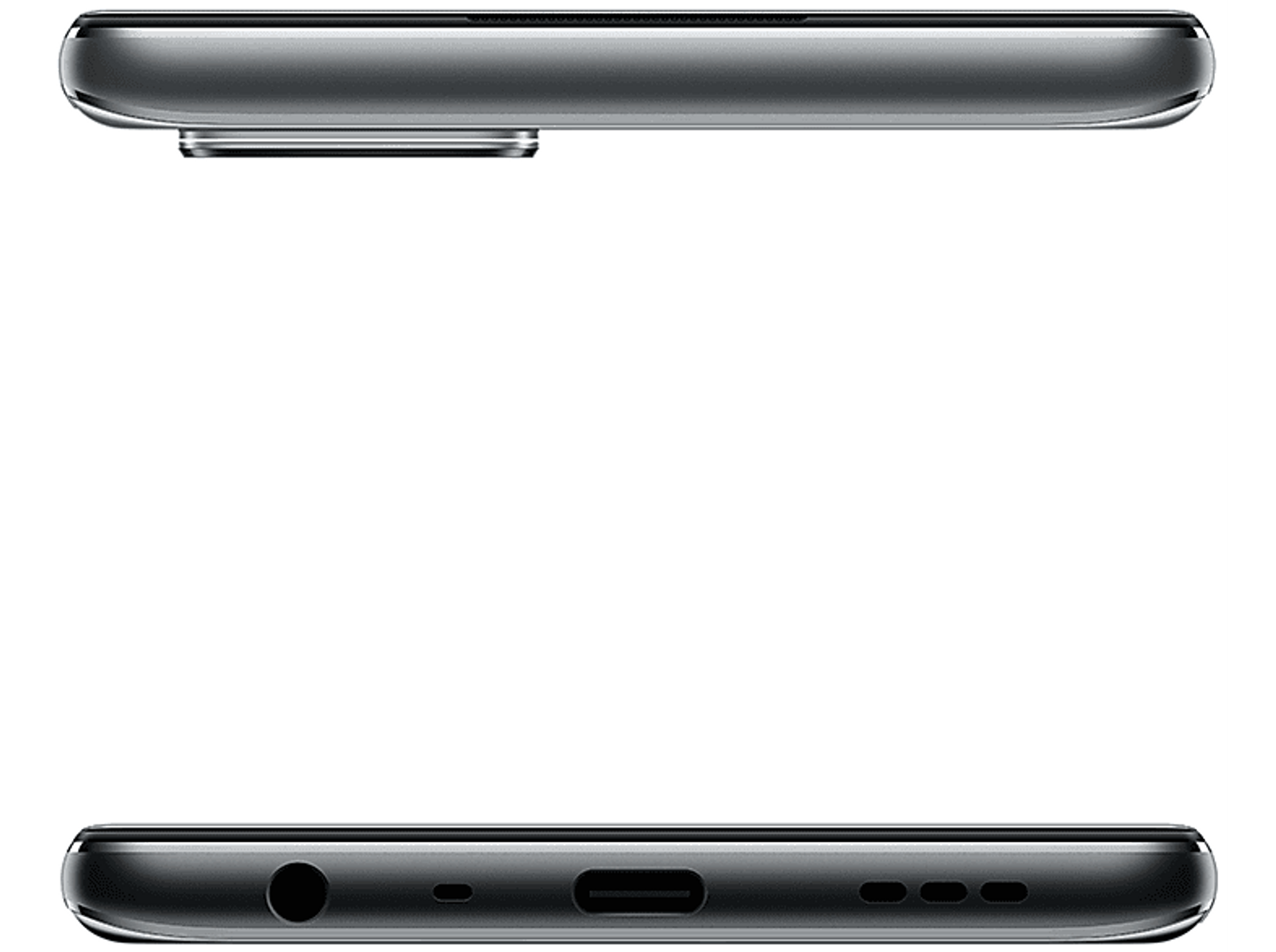 Boven- en onderaanzicht van een zwarte smartphone. Toont oplaadpoort en een koptelefoonaansluiting.