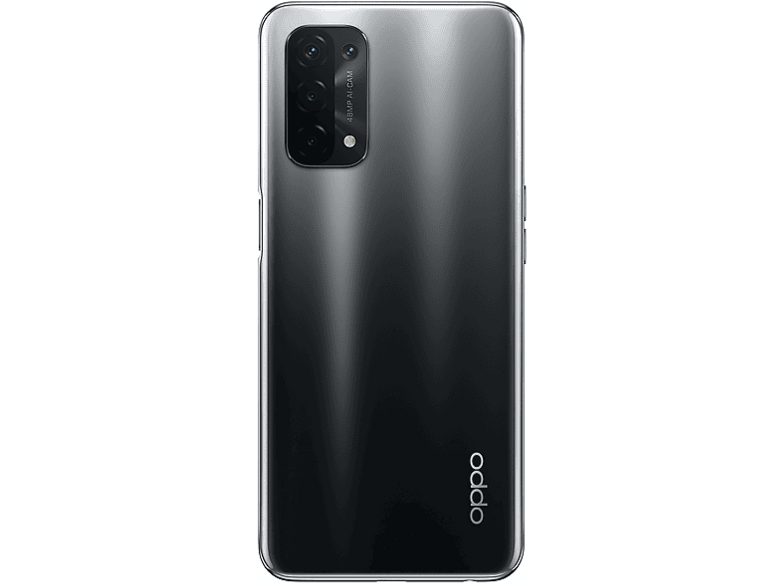 Grijze achterkant van Oppo-telefoon, meerdere camera's, Oppo-logo.