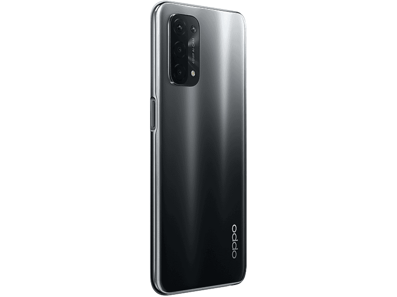 Zwarte smartphone achterkant met het Oppo logo en een drievoudige camera.