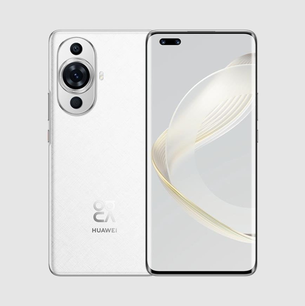 Beyaz Huawei telefon, kameralı arka ve ekran gösteren ön taraf.