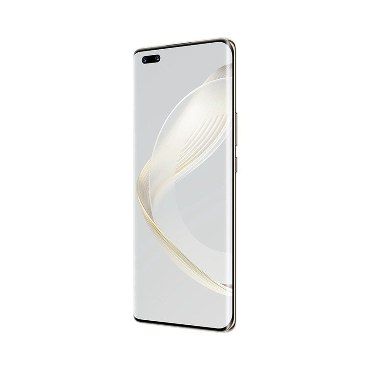 Beyaz arka ve kavisli ekrana sahip telefon. Ekran beyaz ve sarı desenli.